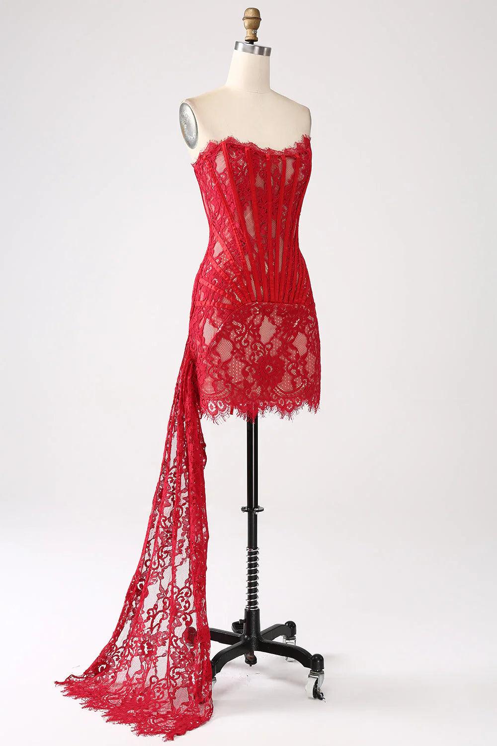 Elegant lace strapless tight corset short cocktail party dress with back tie