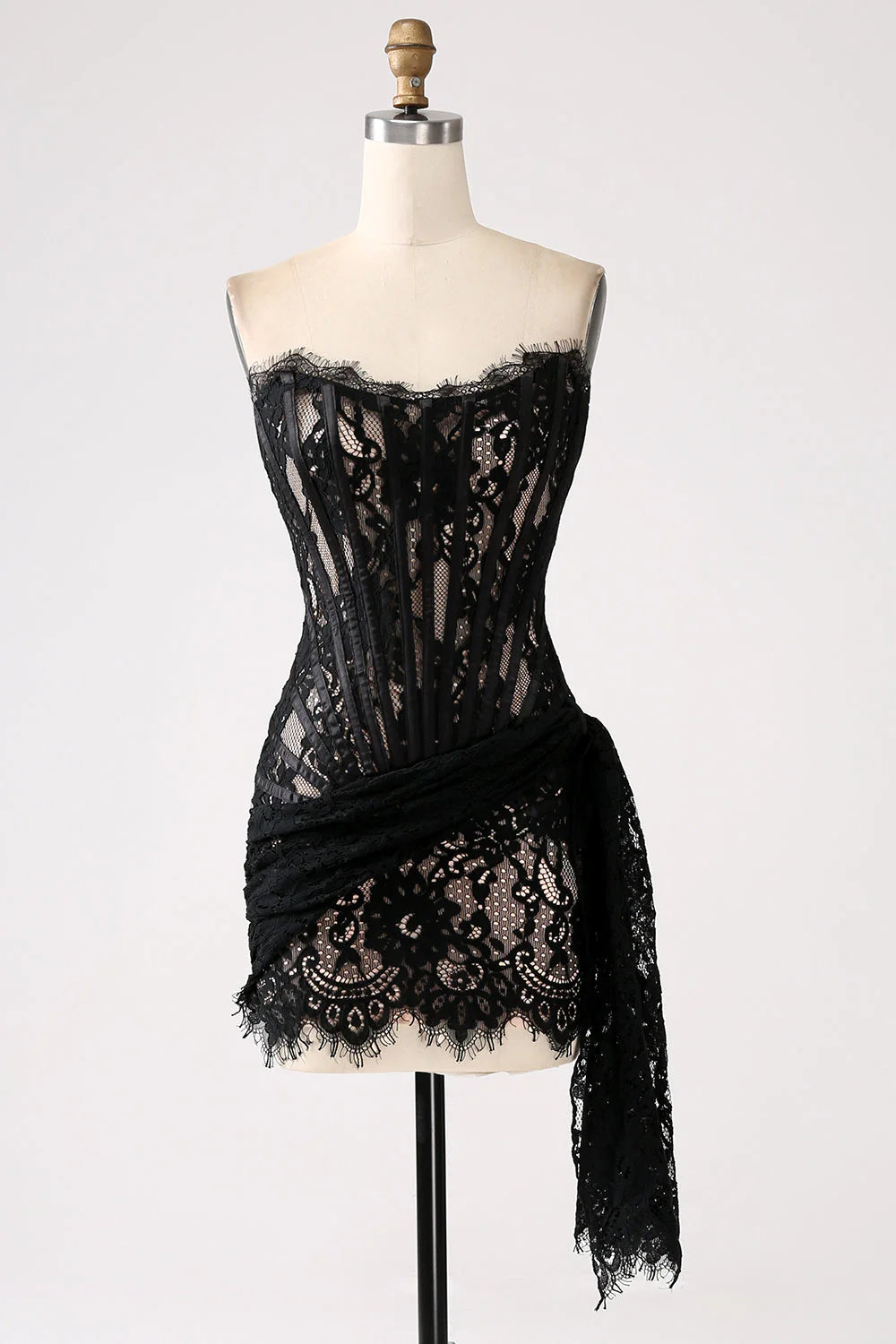 Elegant lace strapless tight corset short cocktail party dress with back tie