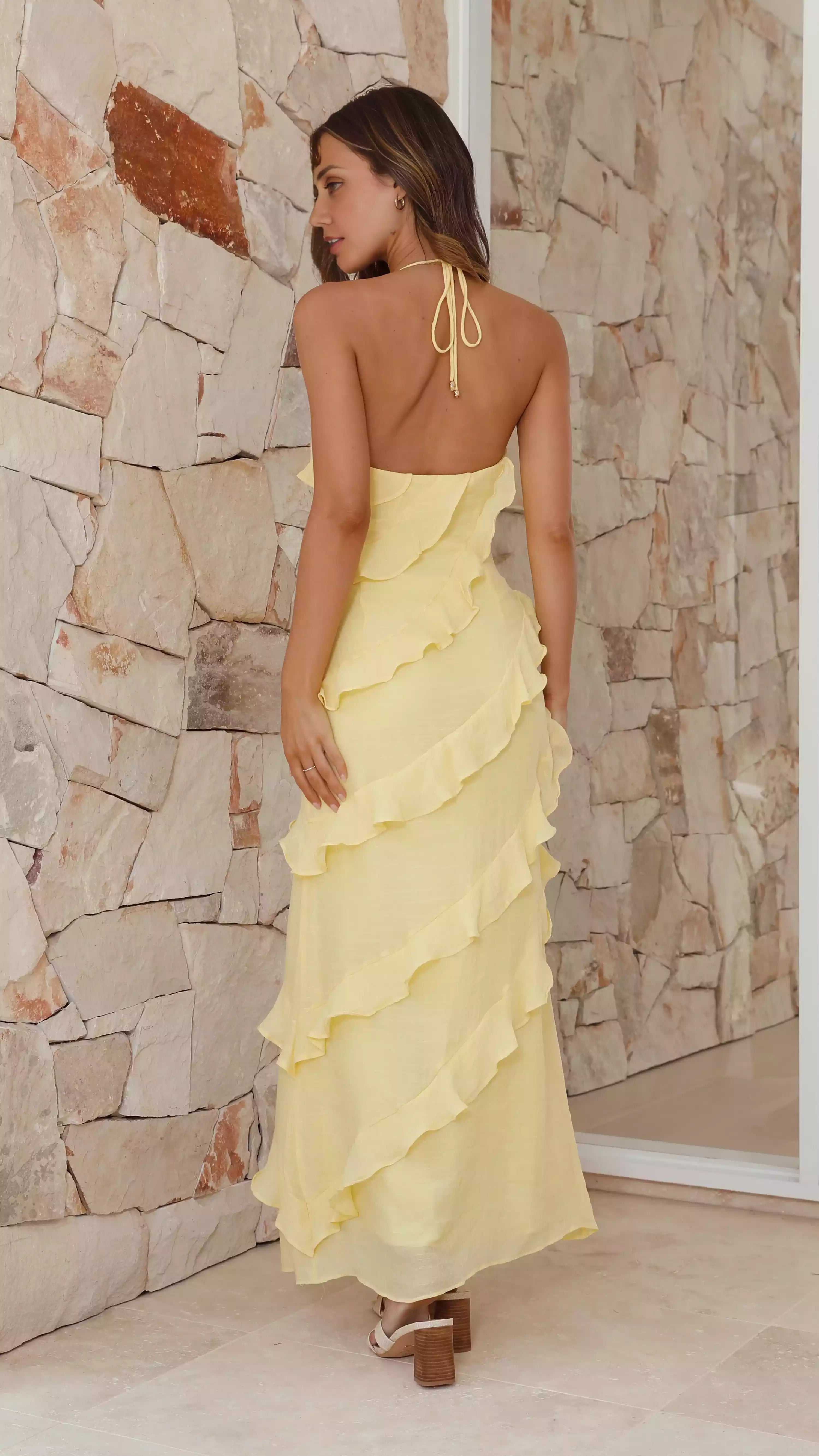 Elegant lotus leaf edge suspender with hidden side zipper and fully lined neck hanging design Prom Dresses