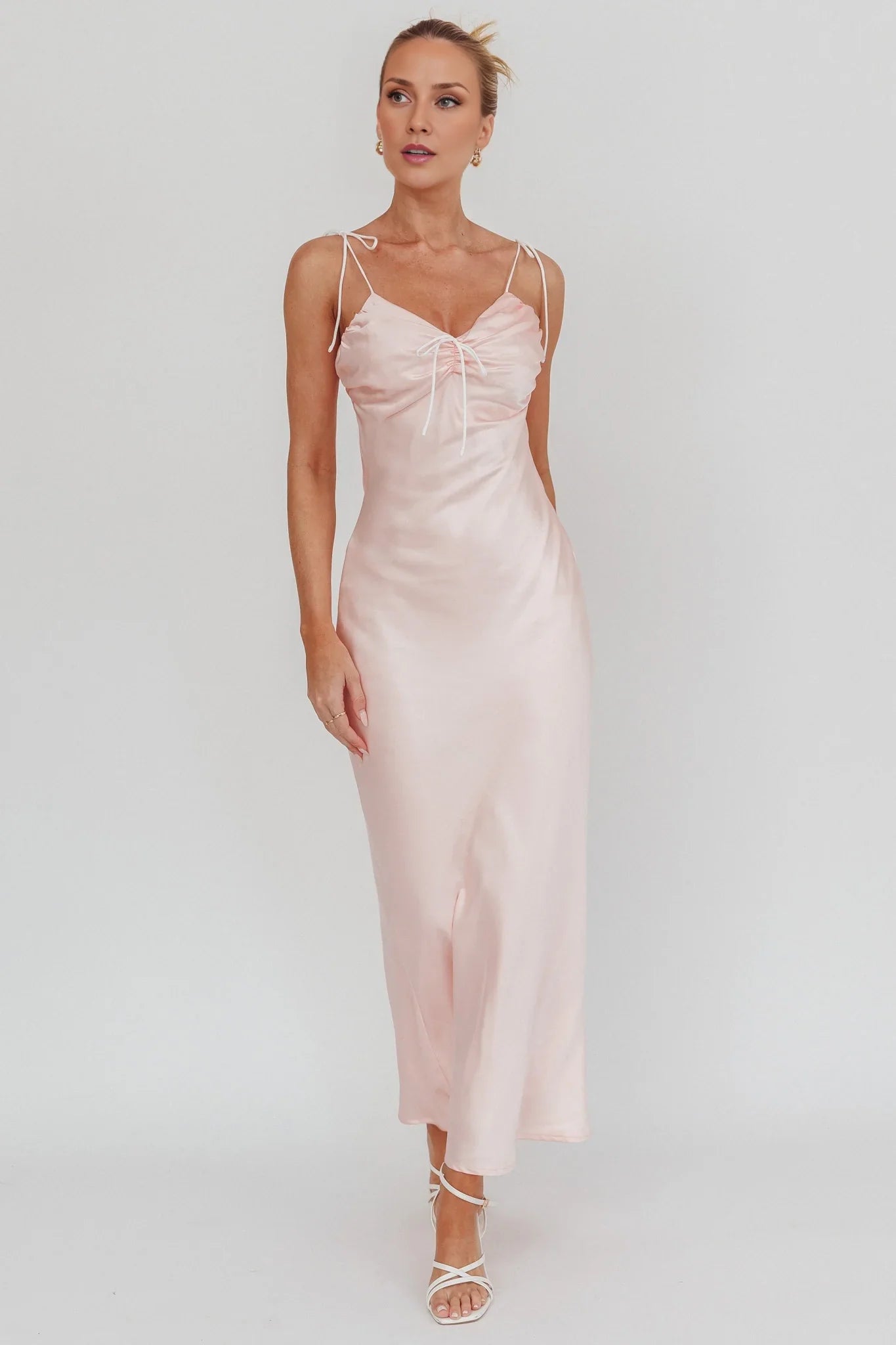 Elegant luxury satin adjustable shoulder strap exquisite lace up invisible side zipper bridesmaid dress