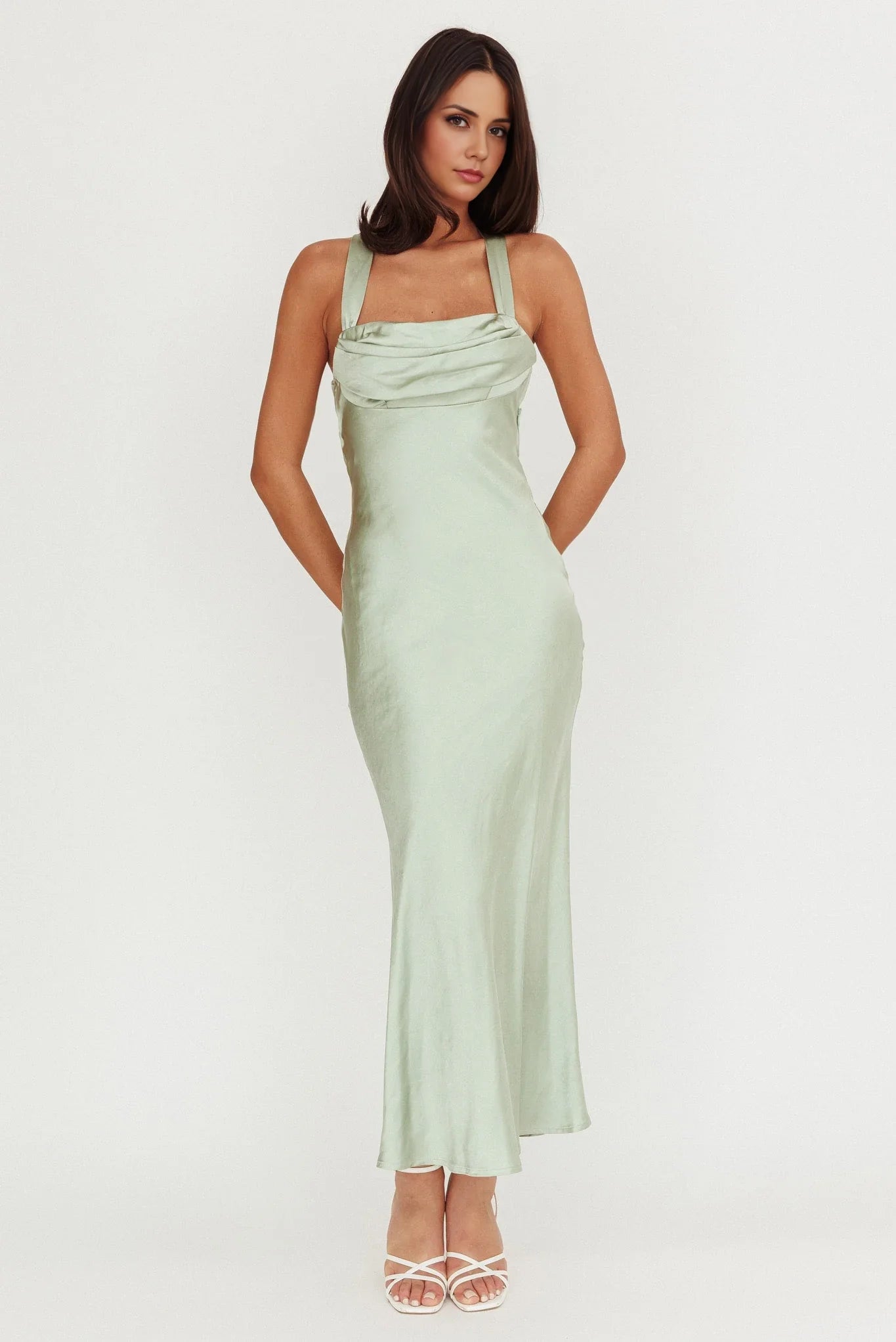 Elegant luxury satin cross tie invisible side zipper square neckline bridesmaid dress