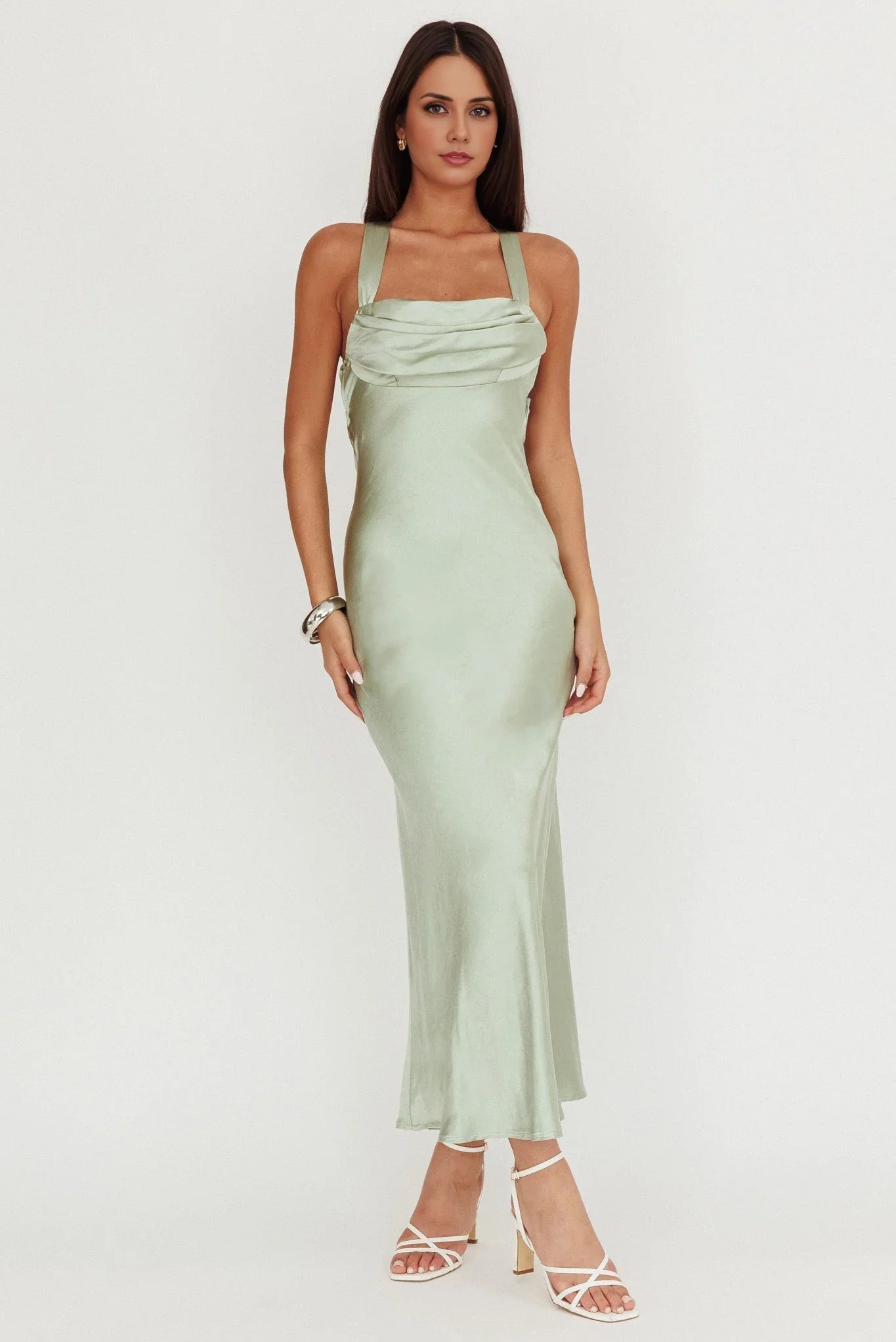 Elegant luxury satin cross tie invisible side zipper square neckline bridesmaid dress