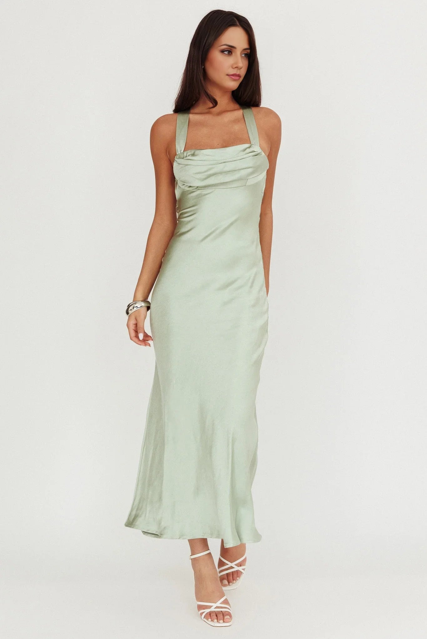 Elegant luxury satin cross tie invisible side zipper square neckline bridesmaid dress