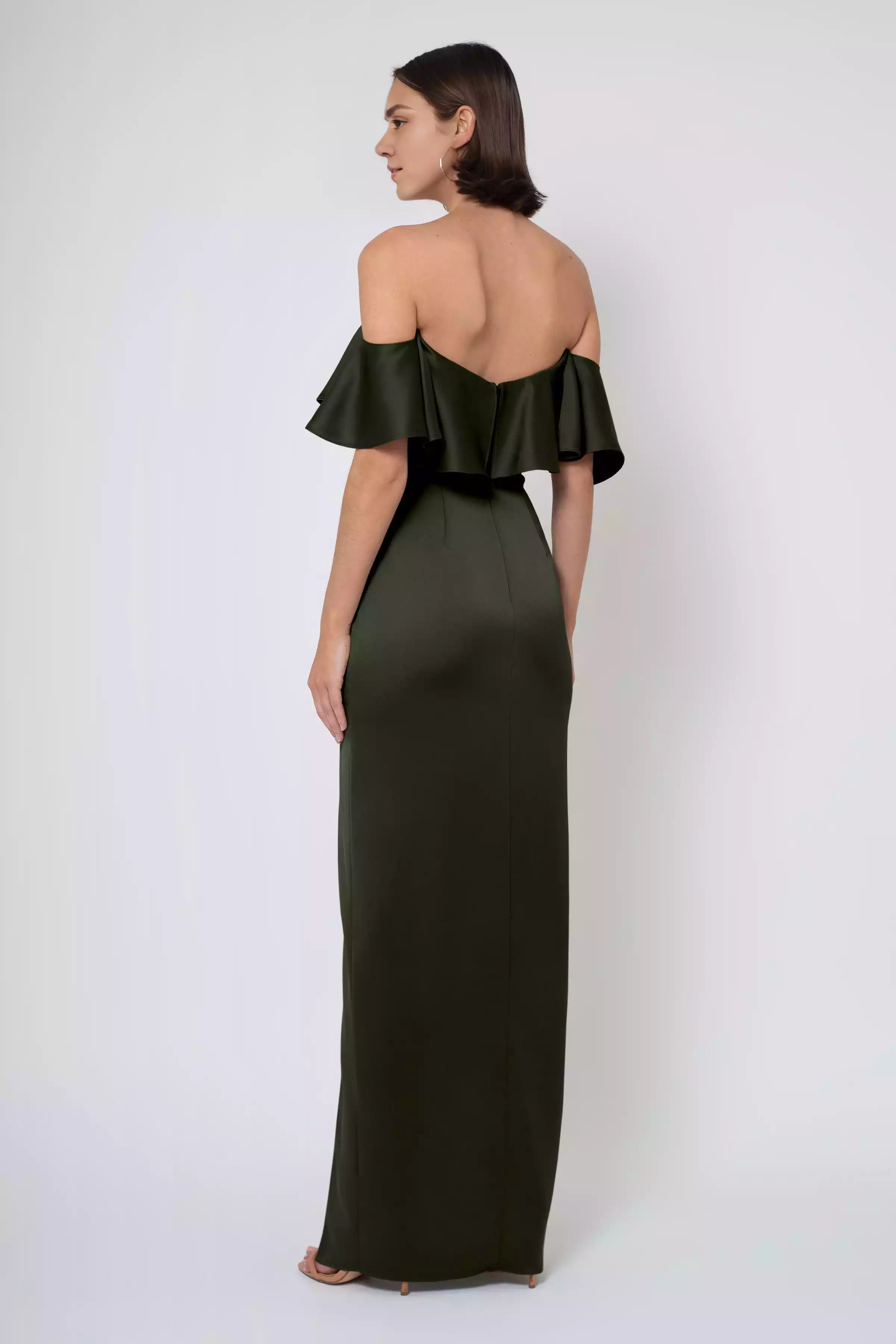 Elegant luxury satin off shoulder collar with ruffled edges, fitted corset, slim slit, tight corset, back zipper, Bridesmaid Dresses
