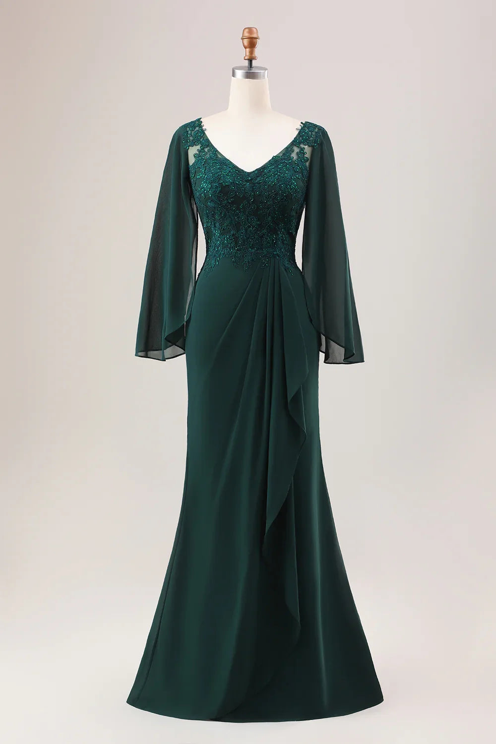 Elegant mermaid V-neck beaded long sleeved pleated slim fit applique bridal mother dress