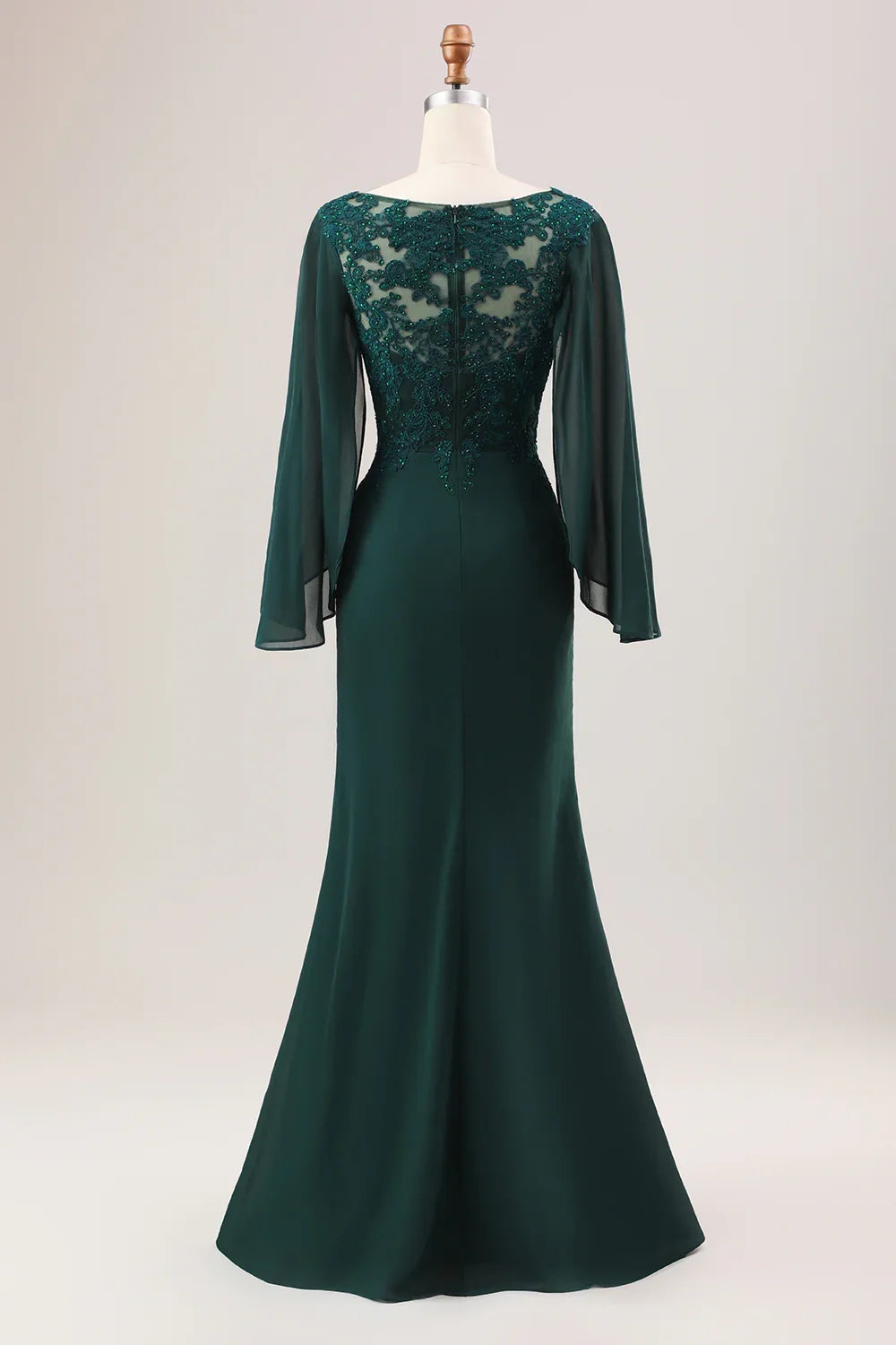 Elegant mermaid V-neck beaded long sleeved pleated slim fit applique bridal mother dress