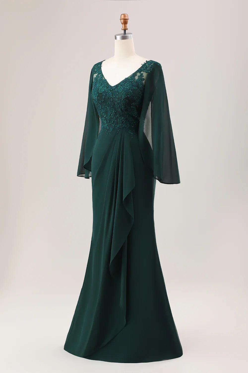 Elegant mermaid V-neck beaded long sleeved pleated slim fit applique bridal mother dress