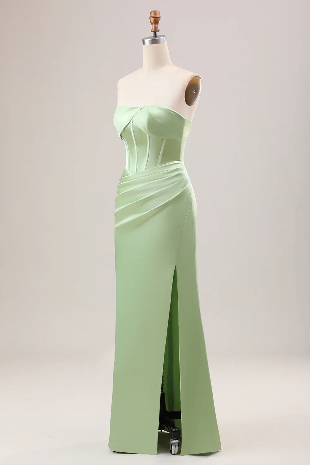 Elegant mermaid off shoulder pleated tight corset long slit bridesmaid dress