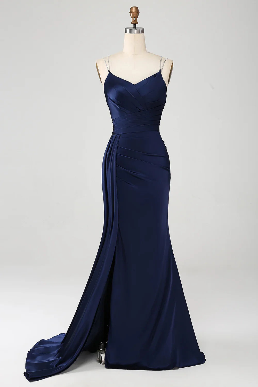 Elegant mermaid slim shoulder strap pleated sequin slit bridesmaid dress