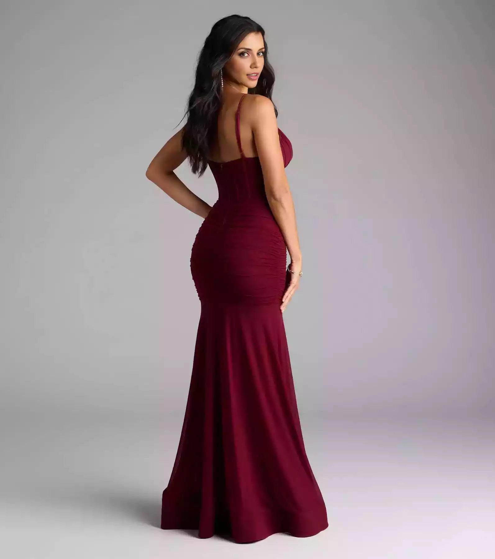 Elegant mesh V-neck adjustable thin shoulder strap tight corset with high slit mermaid Prom Dresses