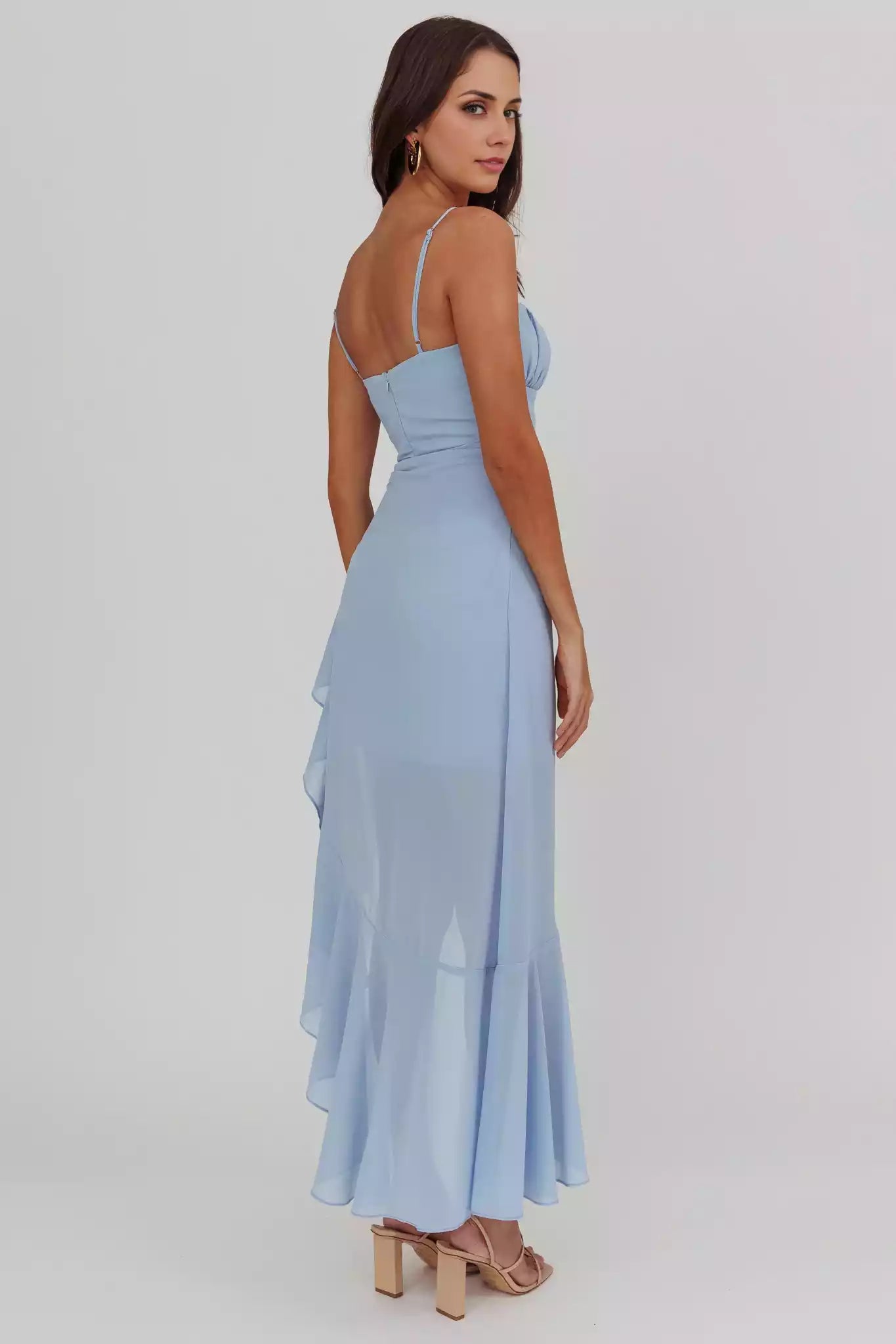 Elegant mid length adjustable thin shoulder strap asymmetric hem pad invisible back zipper Prom Dresses