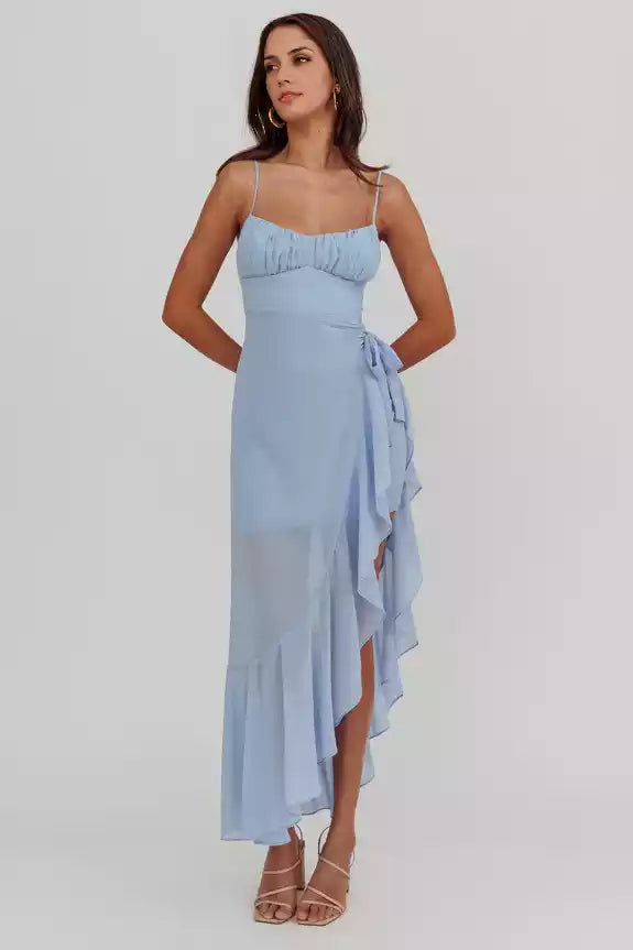 Elegant mid length adjustable thin shoulder strap asymmetric hem pad invisible back zipper Prom Dresses
