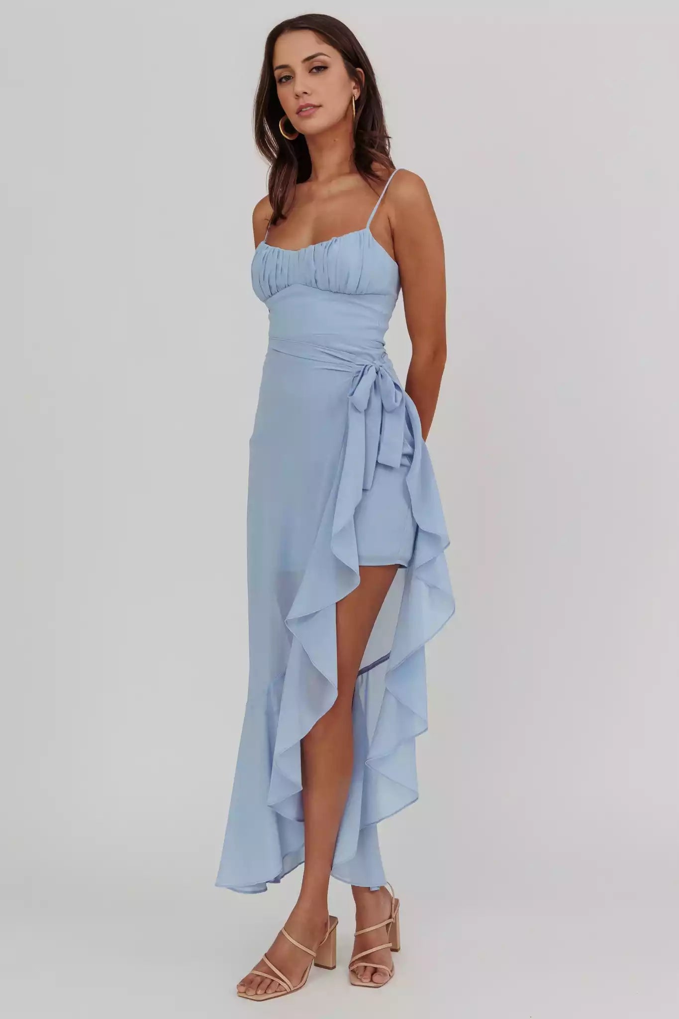 Elegant mid length adjustable thin shoulder strap asymmetric hem pad invisible back zipper Prom Dresses