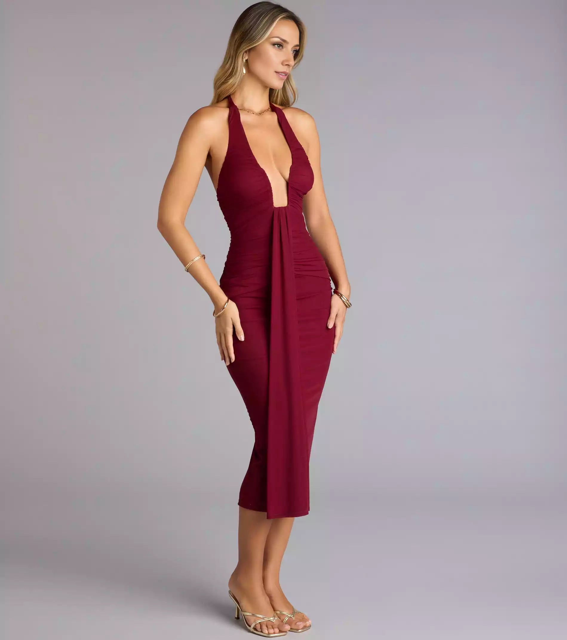 Elegant mid length pleated deep V-neckline tight silhouette backless suspender collar Prom Dresses