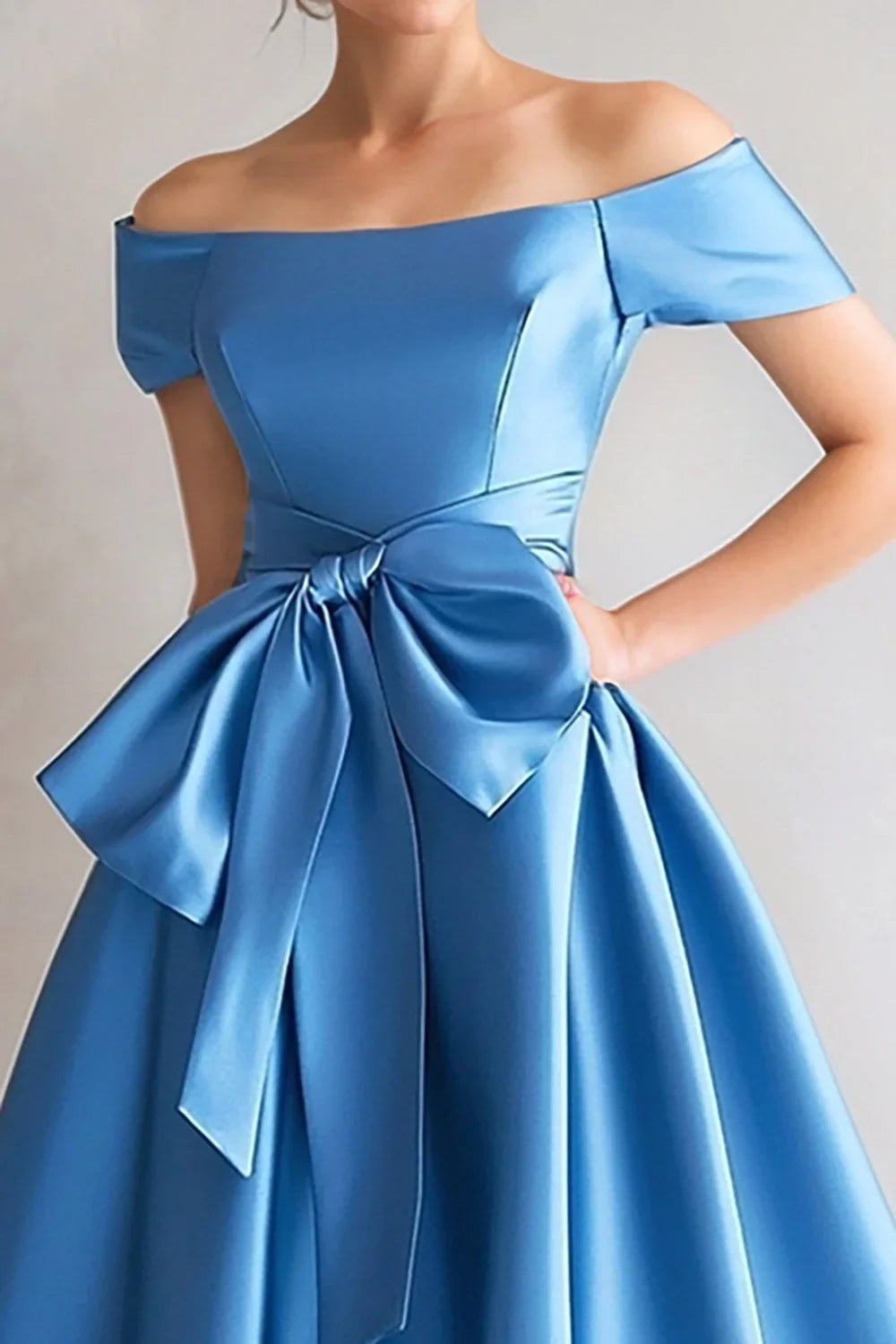 Elegant off shoulder A-line satin mid length bow bridal mother gown