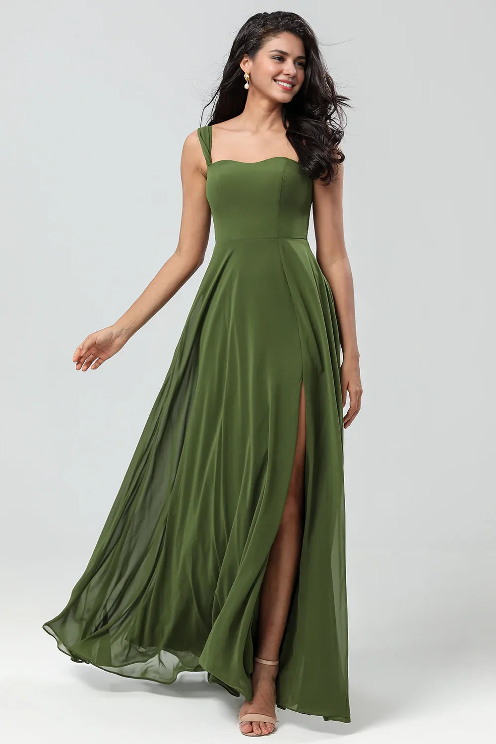 Elegant off shoulder and floor chiffon slit bridesmaid dress