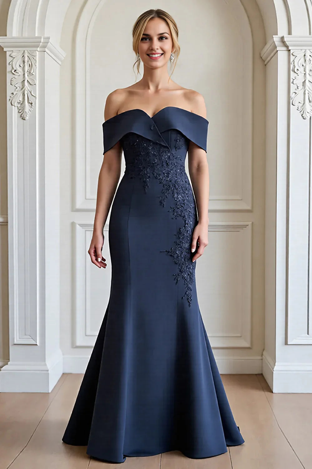 Elegant off shoulder applique mermaid strapless slim fit bridal mother dress