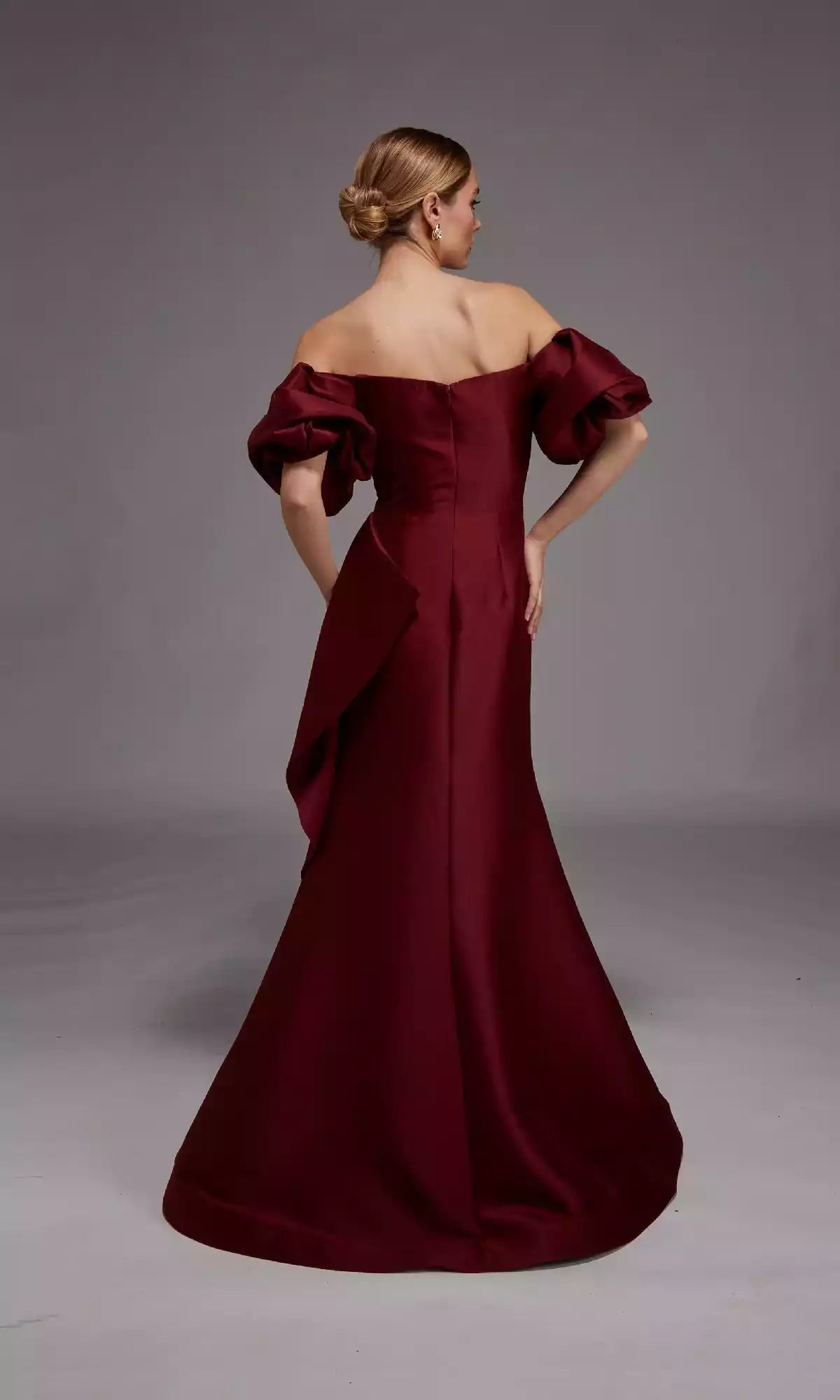 Elegant off shoulder formal straight neck slim fit cut with natural pleats at the waist and floor hem Prom Dresses
