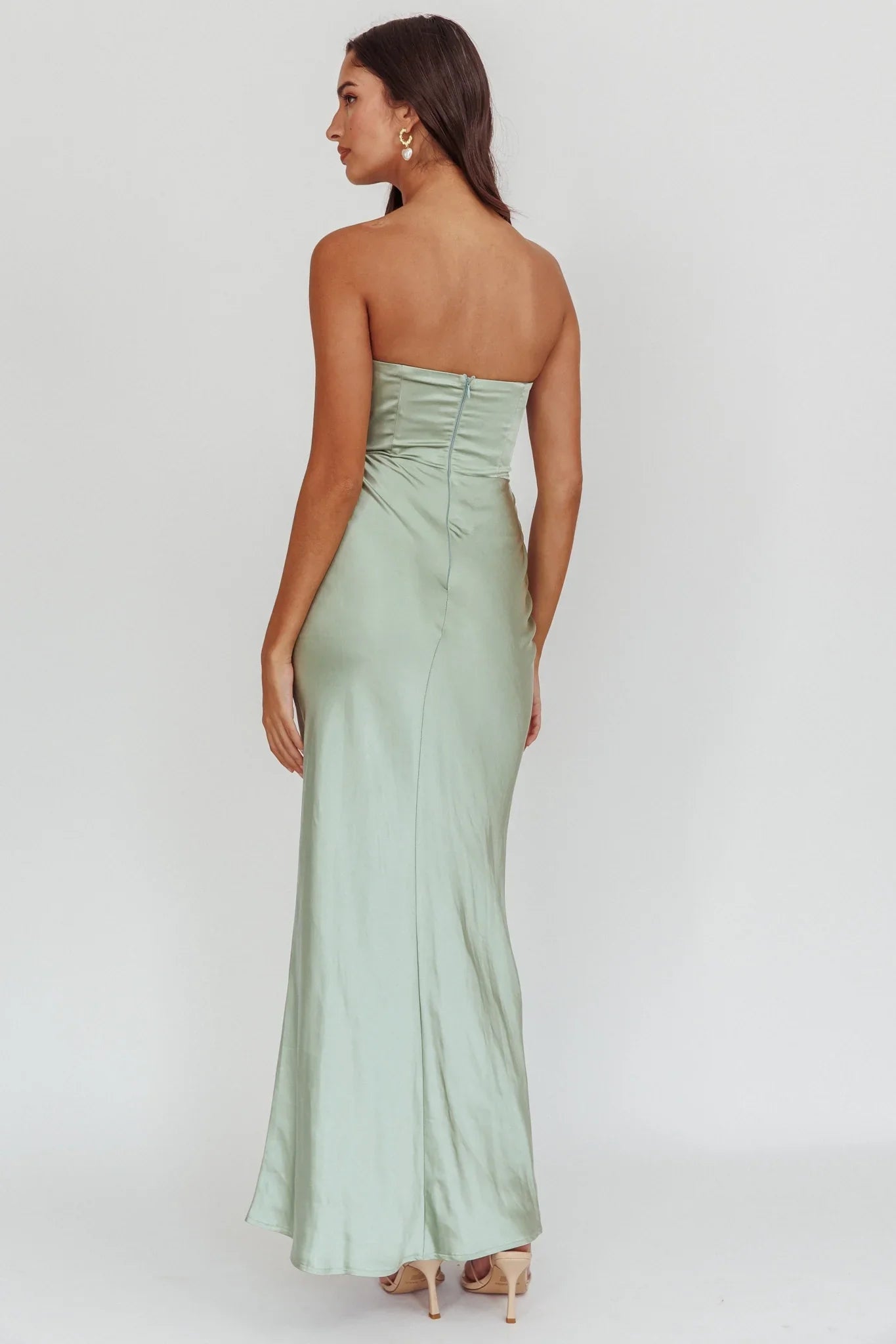 Elegant off shoulder strapless ultra long satin invisible back zipper bridesmaid dress