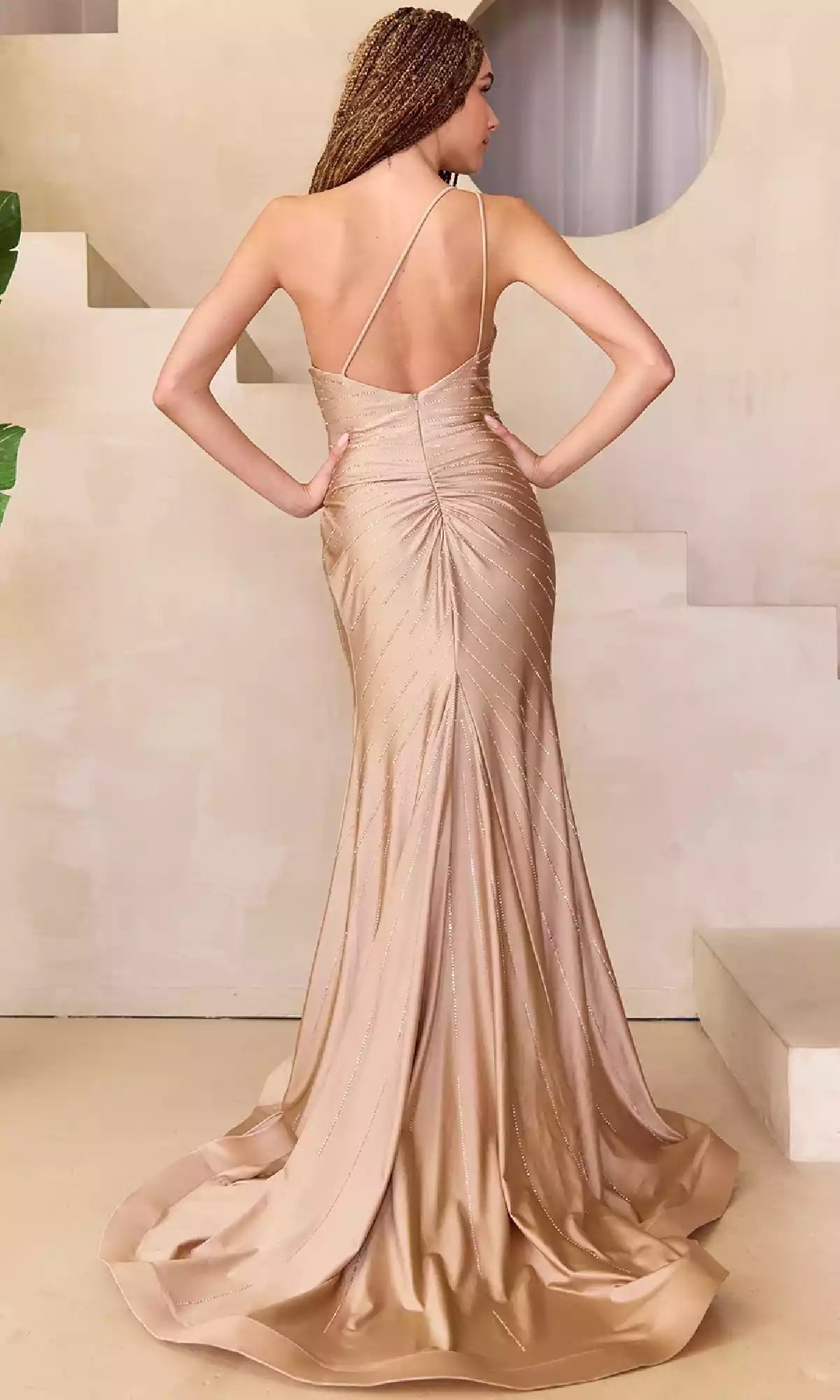 Elegant one shoulder long bead decoration with side pleats and side slits, adding a touch of charm and allure. Prom Dresses