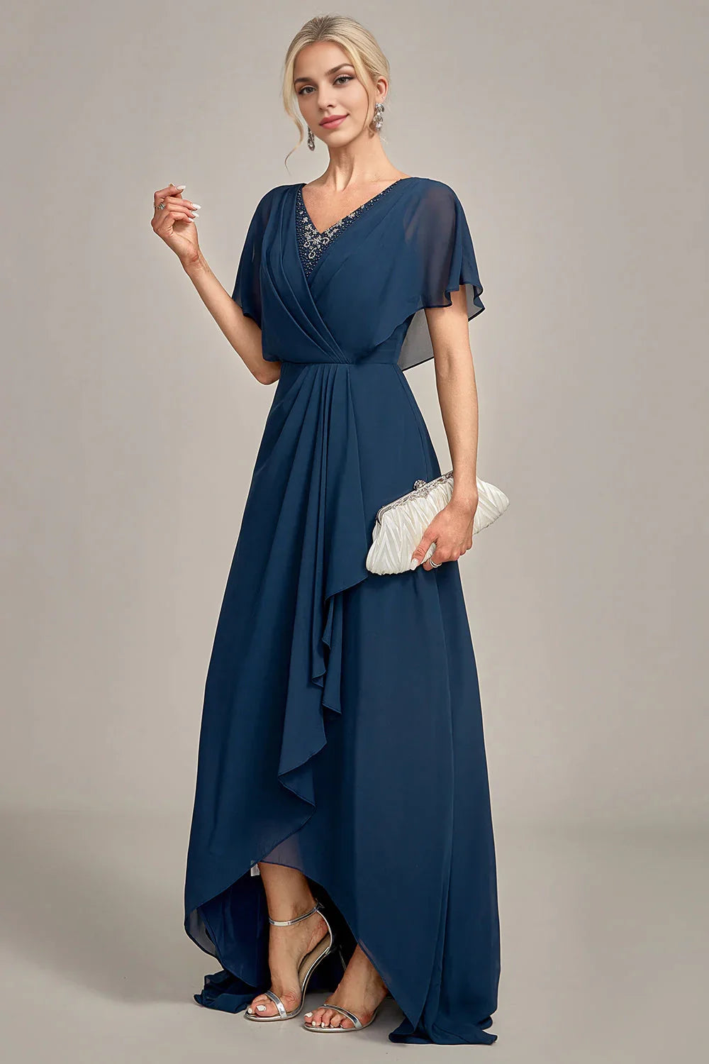 Elegant pleated A-line asymmetrical sequin bead bridal mother gown with full charm