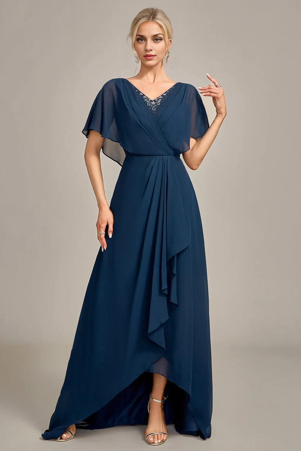 Elegant pleated A-line asymmetrical sequin bead bridal mother gown with full charm