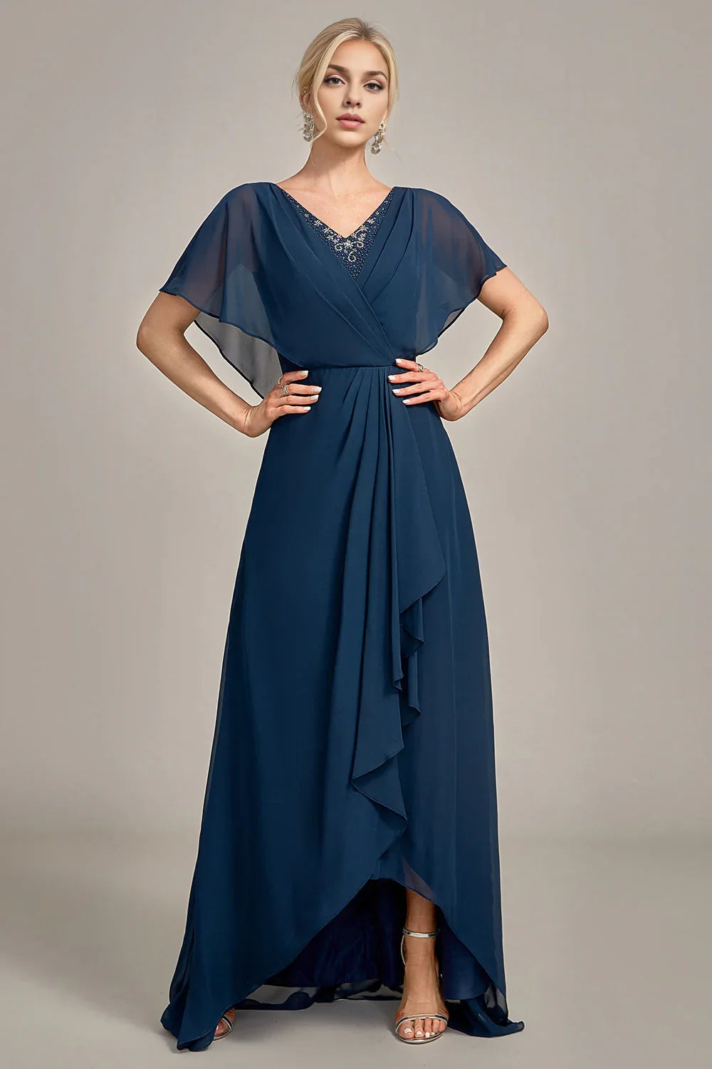 Elegant pleated A-line asymmetrical sequin bead bridal mother gown with full charm