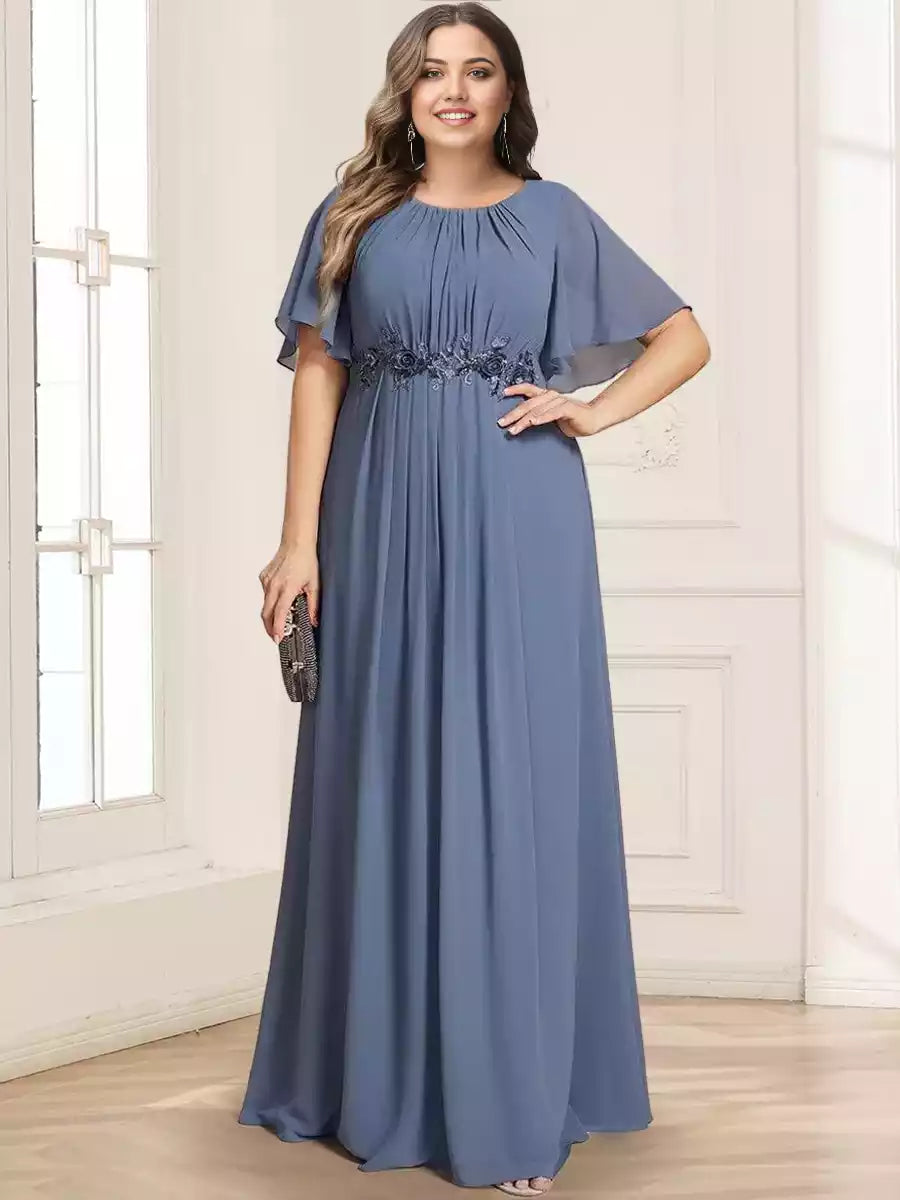 Elegant plus size A-line/princess round neck short sleeved shirt with floor decal Mother of the Bride Dresses