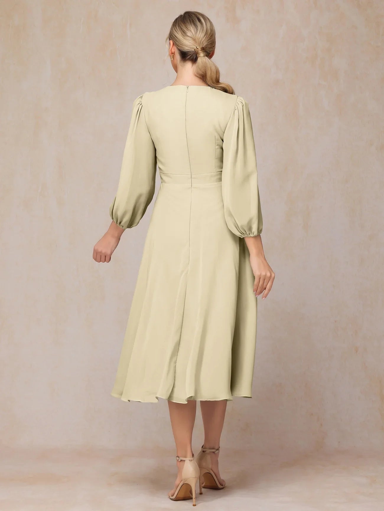 Elegant round neck long sleeved A-line knee length chiffon bridal mother gown