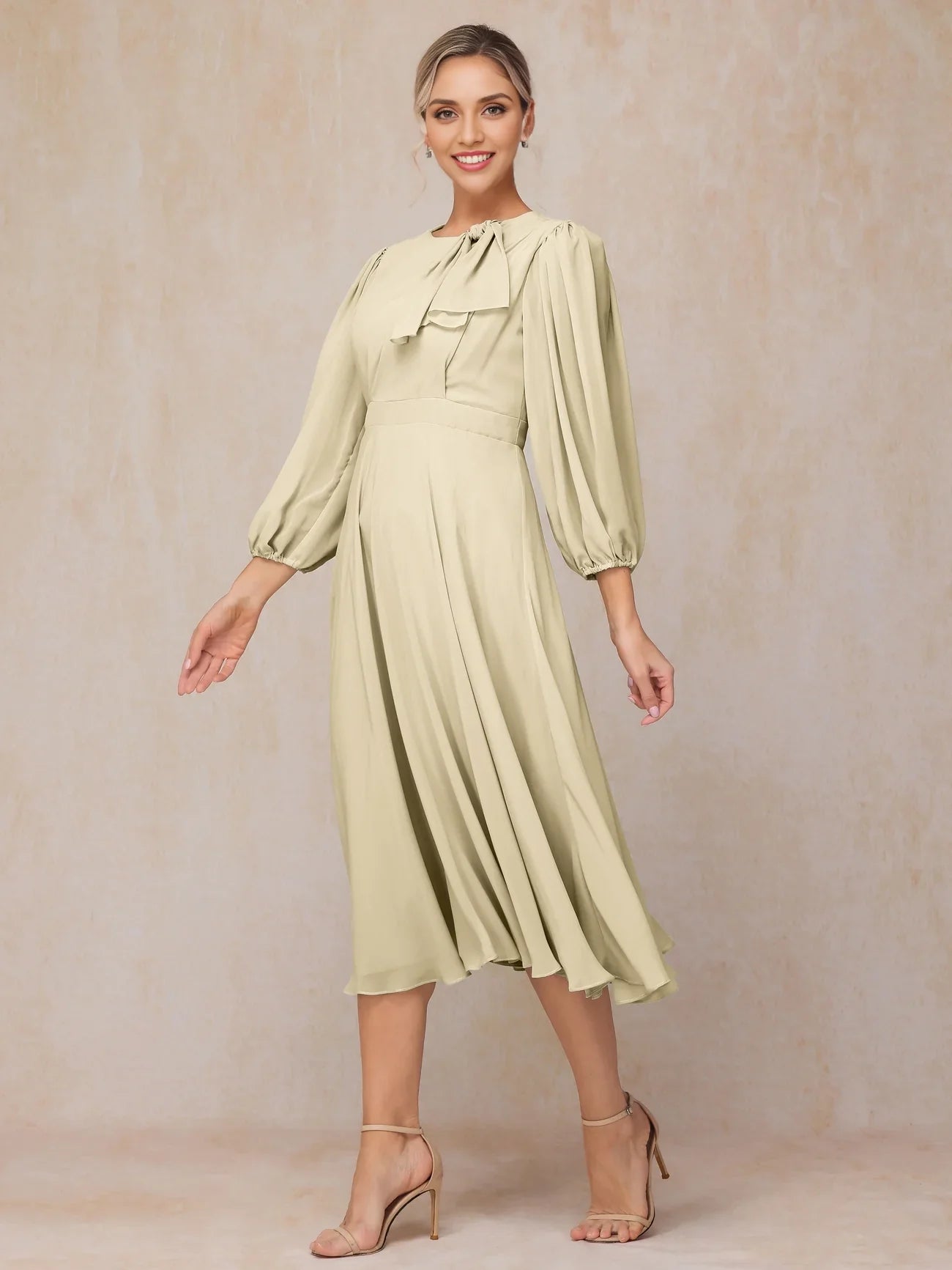 Elegant round neck long sleeved A-line knee length chiffon bridal mother gown