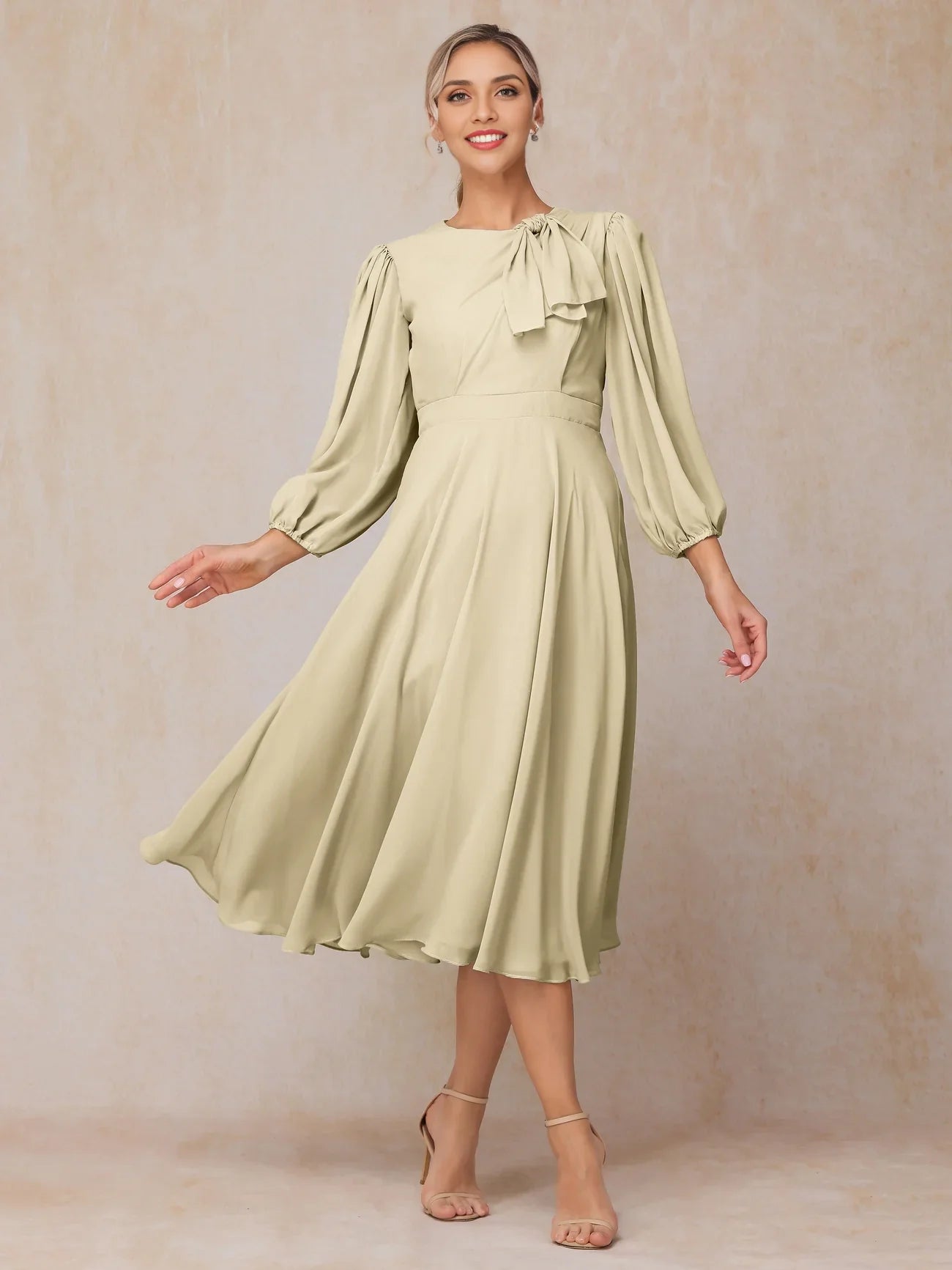 Elegant round neck long sleeved A-line knee length chiffon bridal mother gown