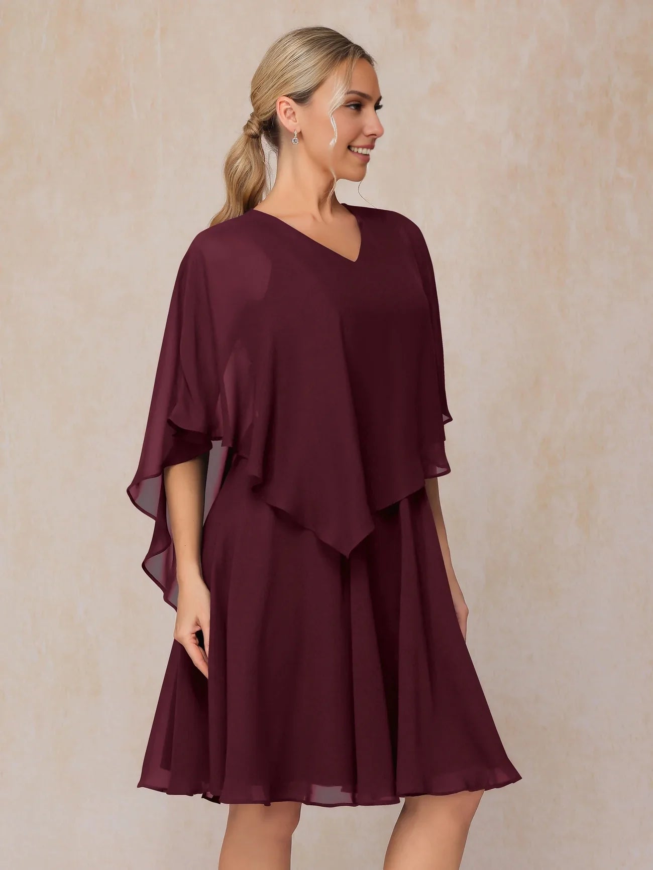 Elegant ruffled V-neck short sleeved knee length chiffon bridal mother gown