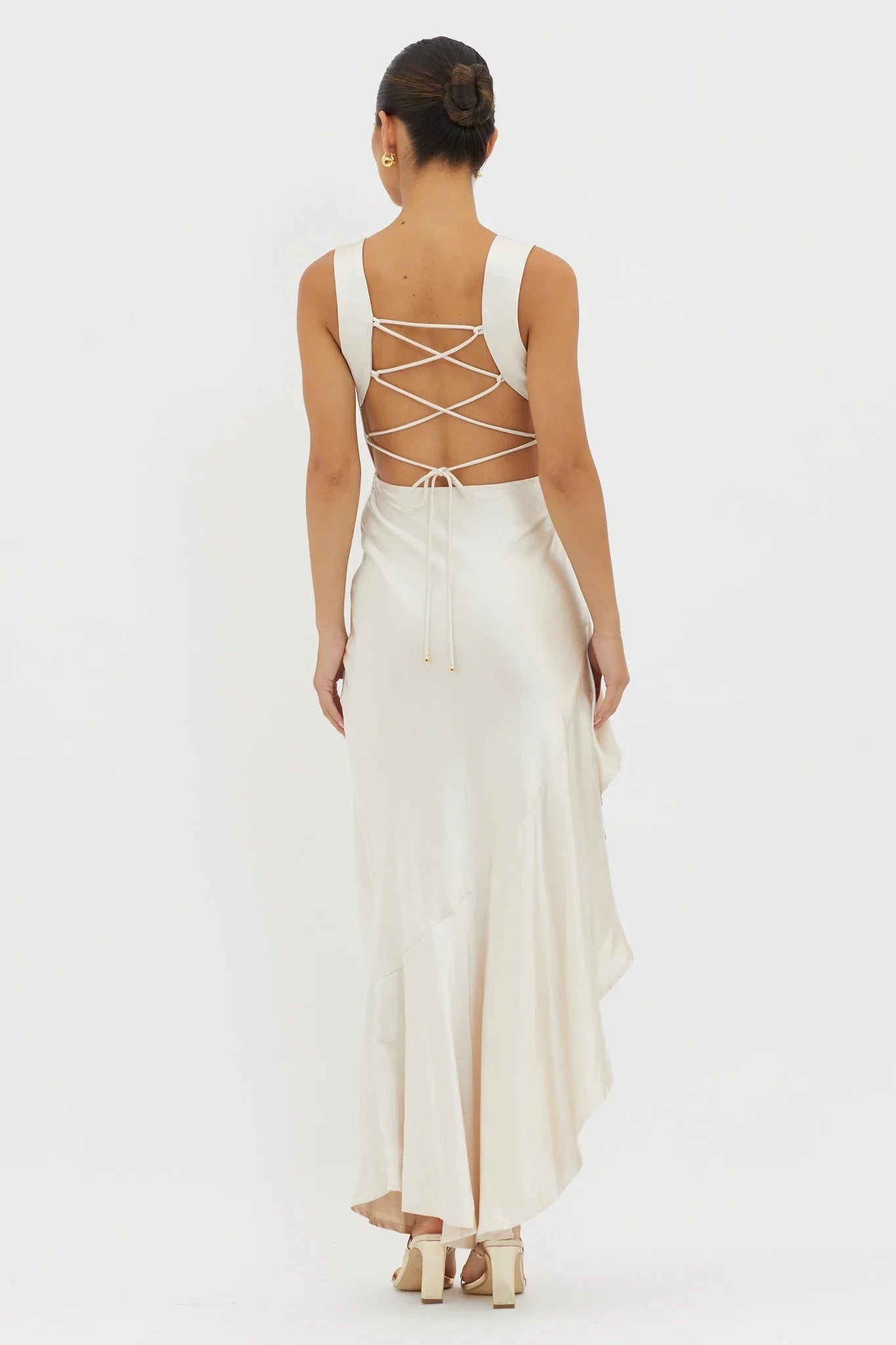 Elegant ruffled back tie, high side split, side zipper bridesmaid dress