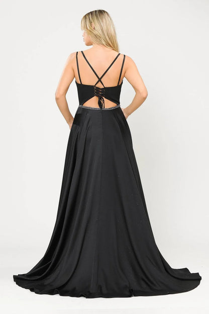 Elegant satin A-line illusion V-neck sleeveless Lace Up Floor length Side Slit prom dress for women for sale