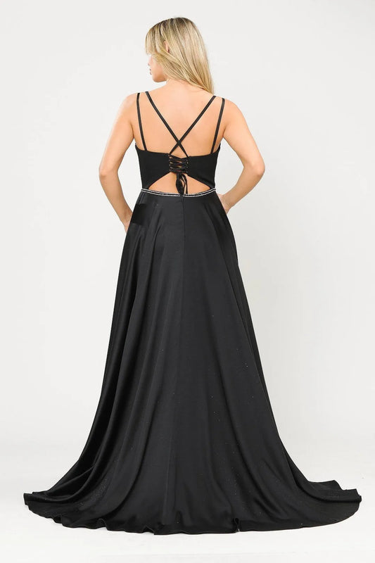 Elegant satin A-line illusion V-neck sleeveless Lace Up Floor length Side Slit prom dress for women for sale