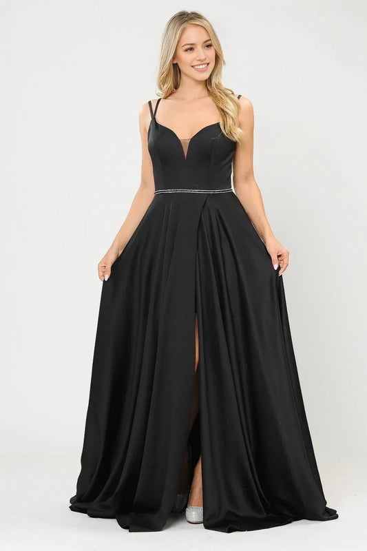 Elegant satin A-line illusion V-neck sleeveless Lace Up Floor length Side Slit prom dress for women for sale