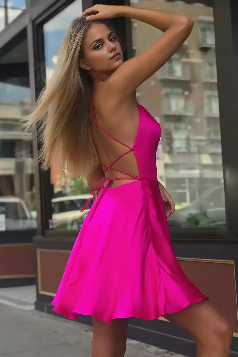 Elegant satin A-line silhouette with thin shoulder straps, round neck, cross shaped back, Homecoming Dresses