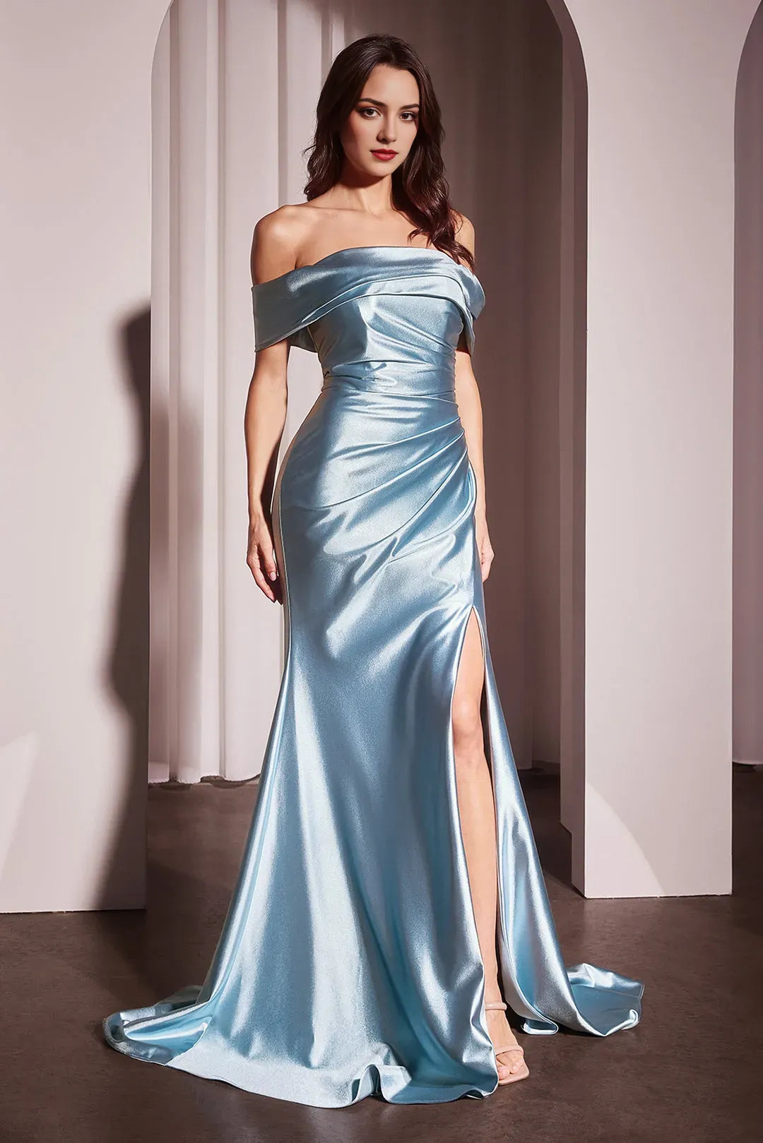 Elegant satin Smoky Blue Off the shoulder  Sleeveless Backless zipper  Floor length side leg slit prom dress for women hot sale