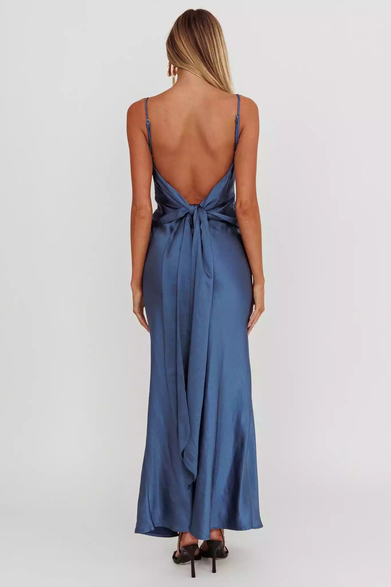 Elegant satin, extra long adjustable thin shoulder strap, backless bow, unlined invisible side zipper, Bridesmaid Dresses