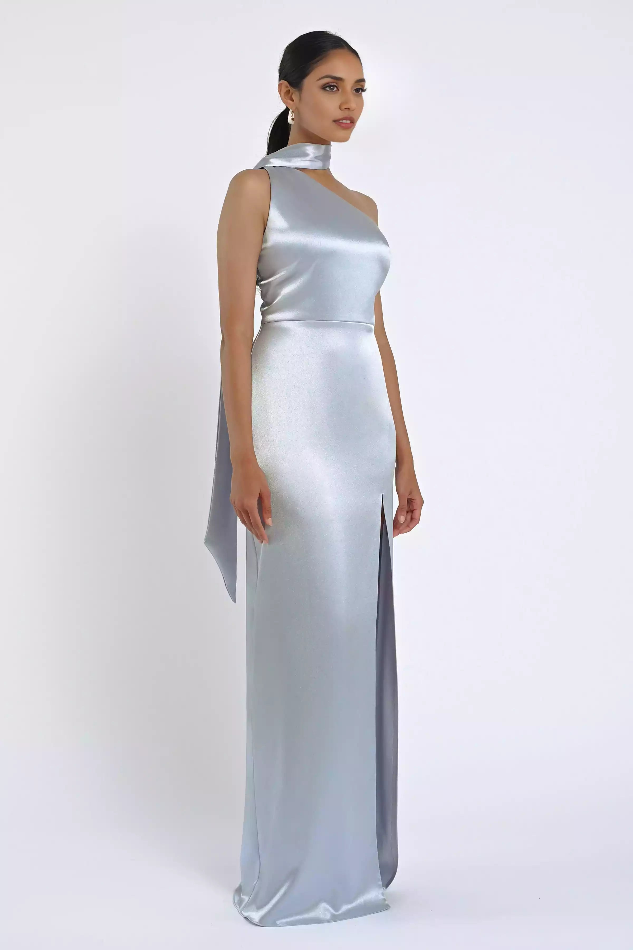 Elegant satin asymmetrical backless neckline with slit, tight corset, back zipper, Bridesmaid Dresses