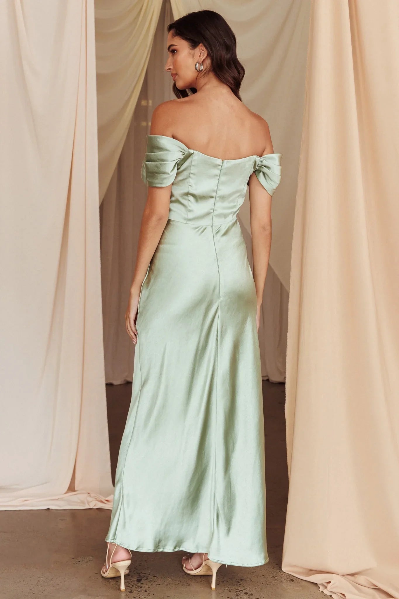 Elegant satin extra long shoulder tight corset with invisible zipper bridesmaid dress