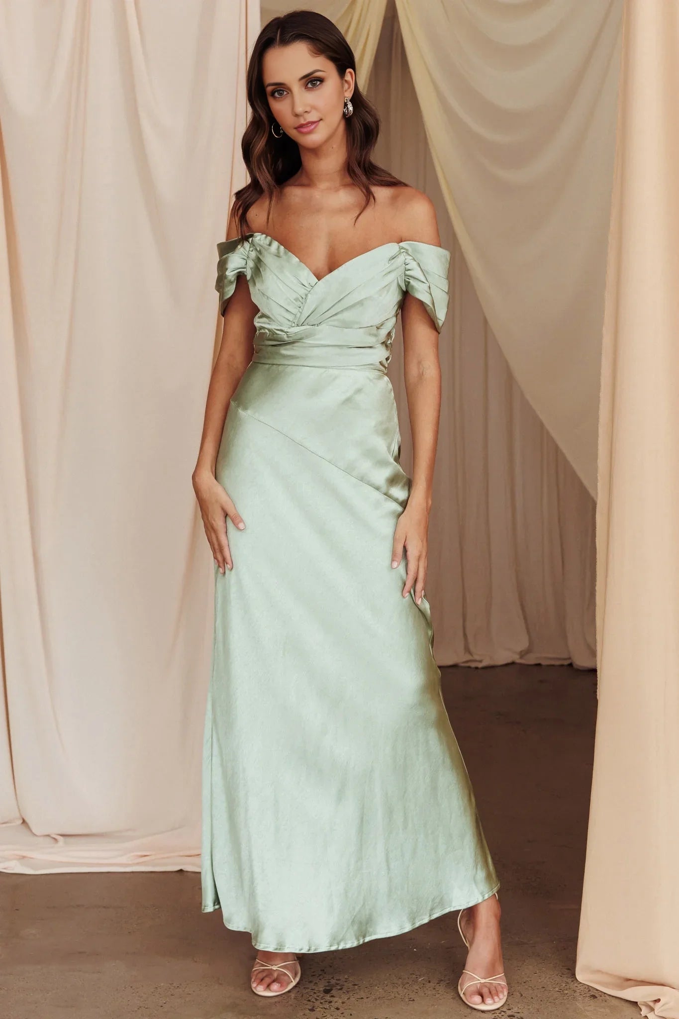 Elegant satin extra long shoulder tight corset with invisible zipper bridesmaid dress
