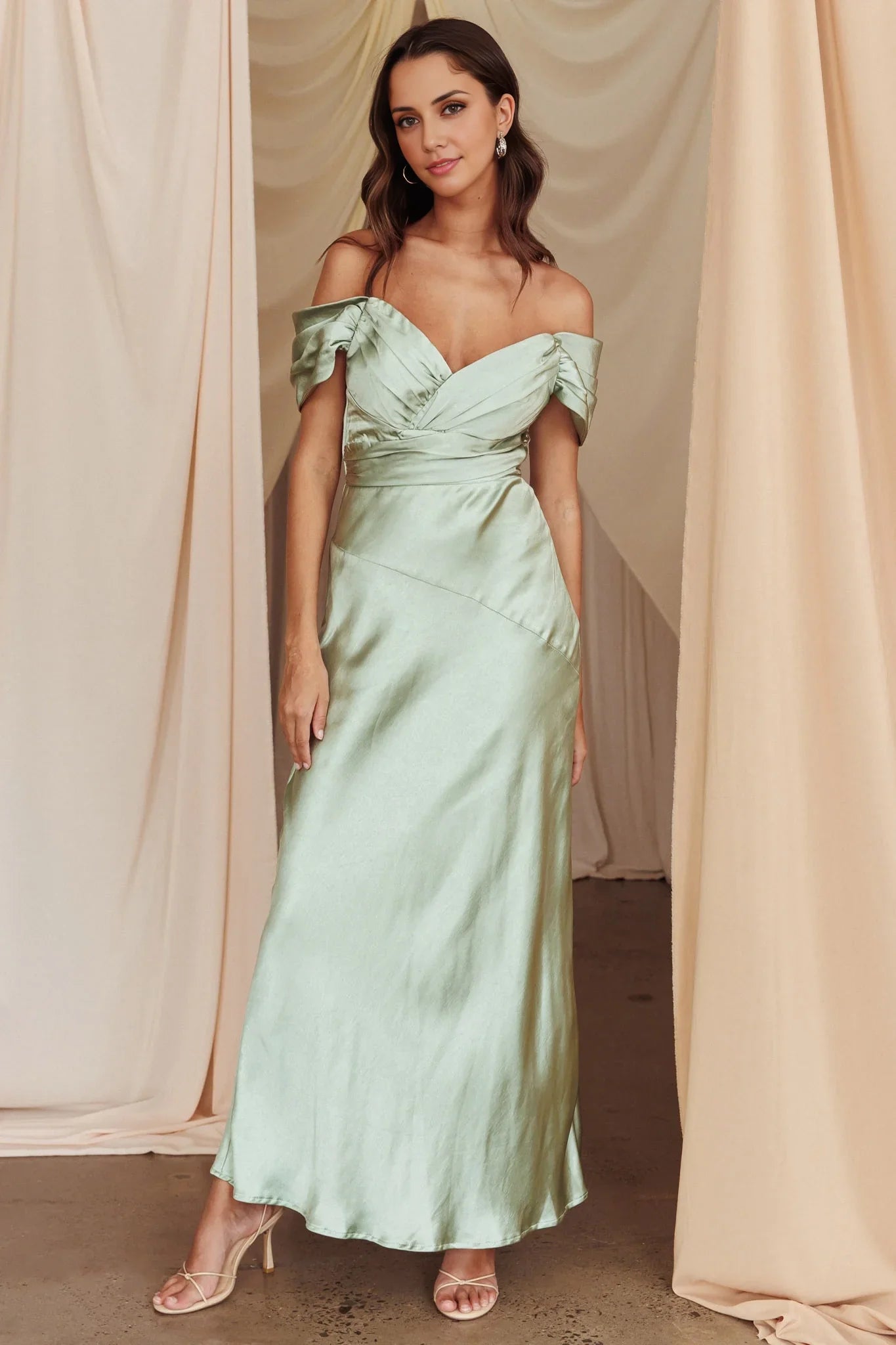 Elegant satin extra long shoulder tight corset with invisible zipper bridesmaid dress