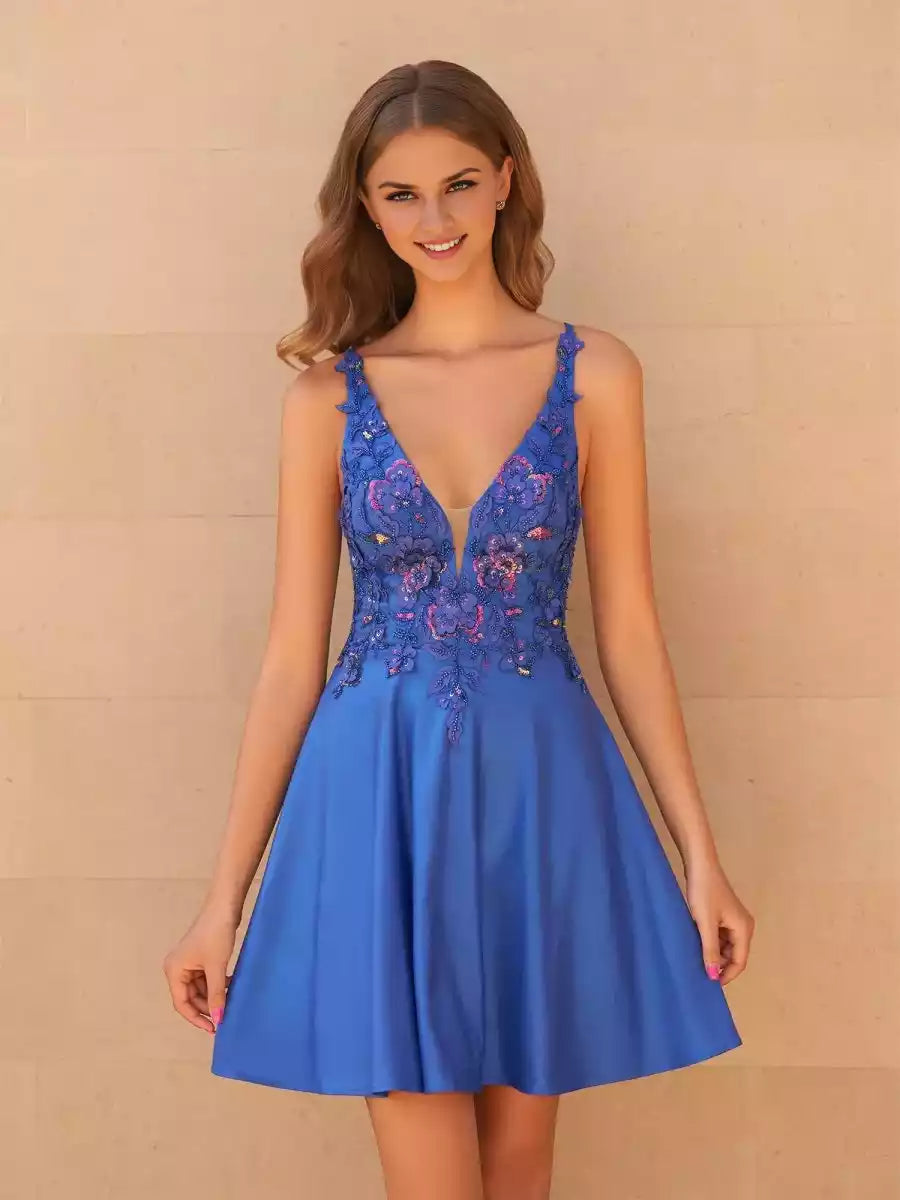 Elegant satin tight fitting mini V-neck sleeveless lace up back Homecoming Dresses