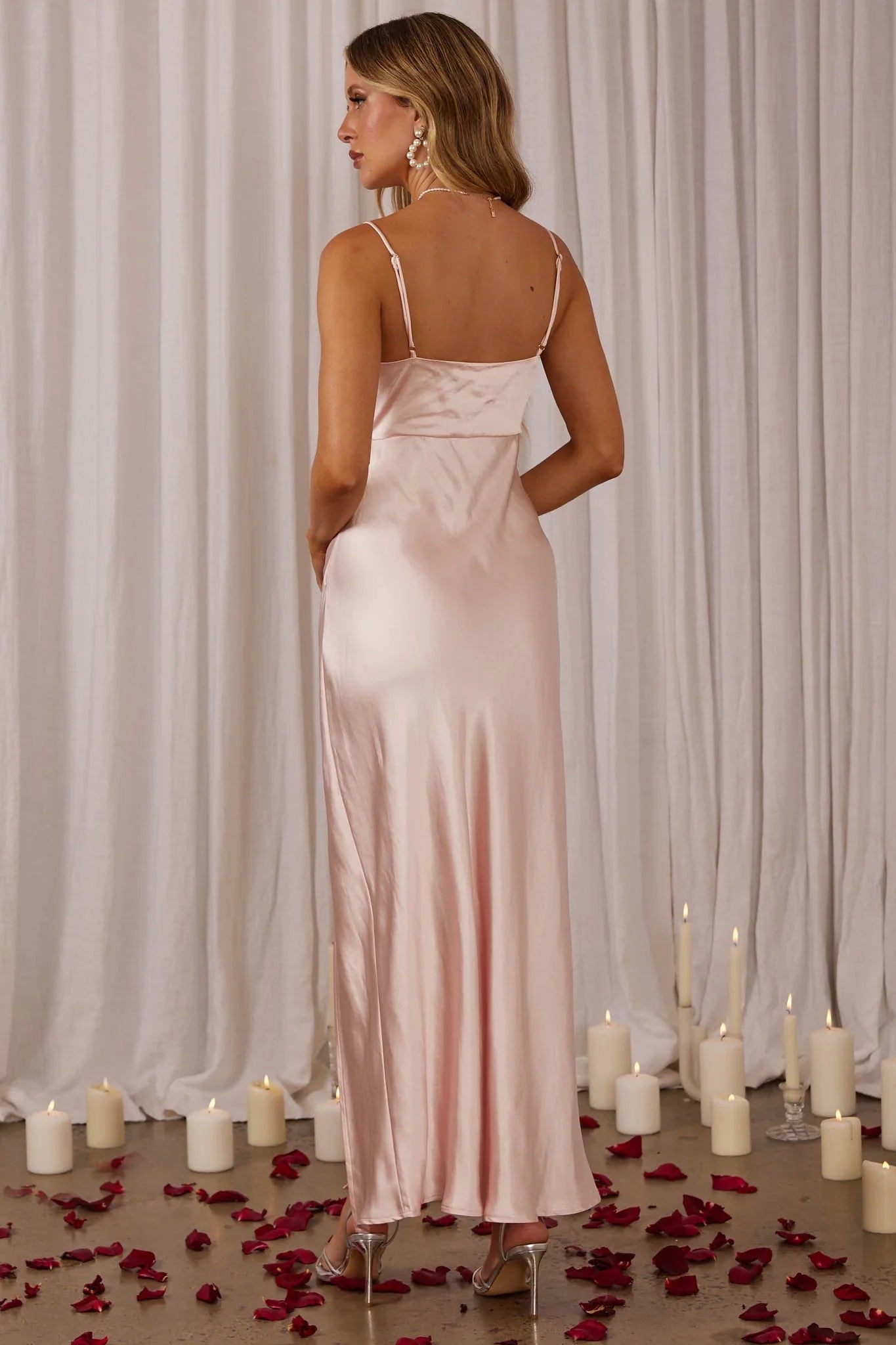 Elegant satin unlined front slit pleated detail with adjustable shoulder straps and invisible zipper bridesmaid dress