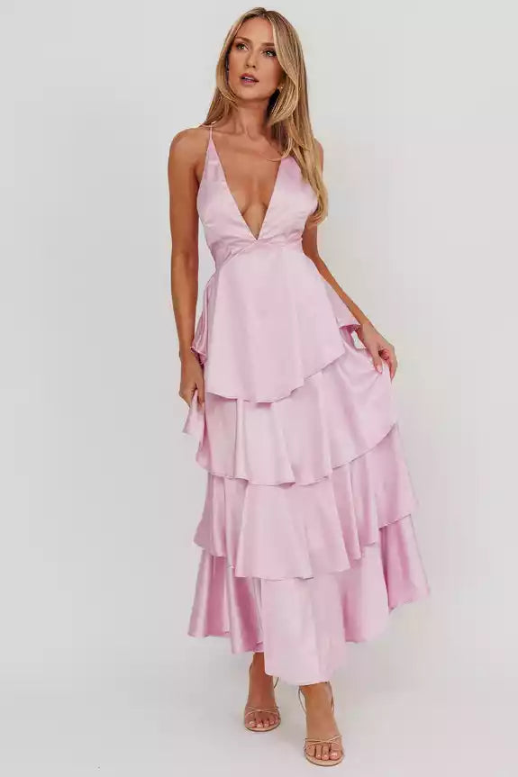 Elegant satin with extra long lining and layered ruffled straps, featuring a zipper on the backless Bridesmaid Dresses