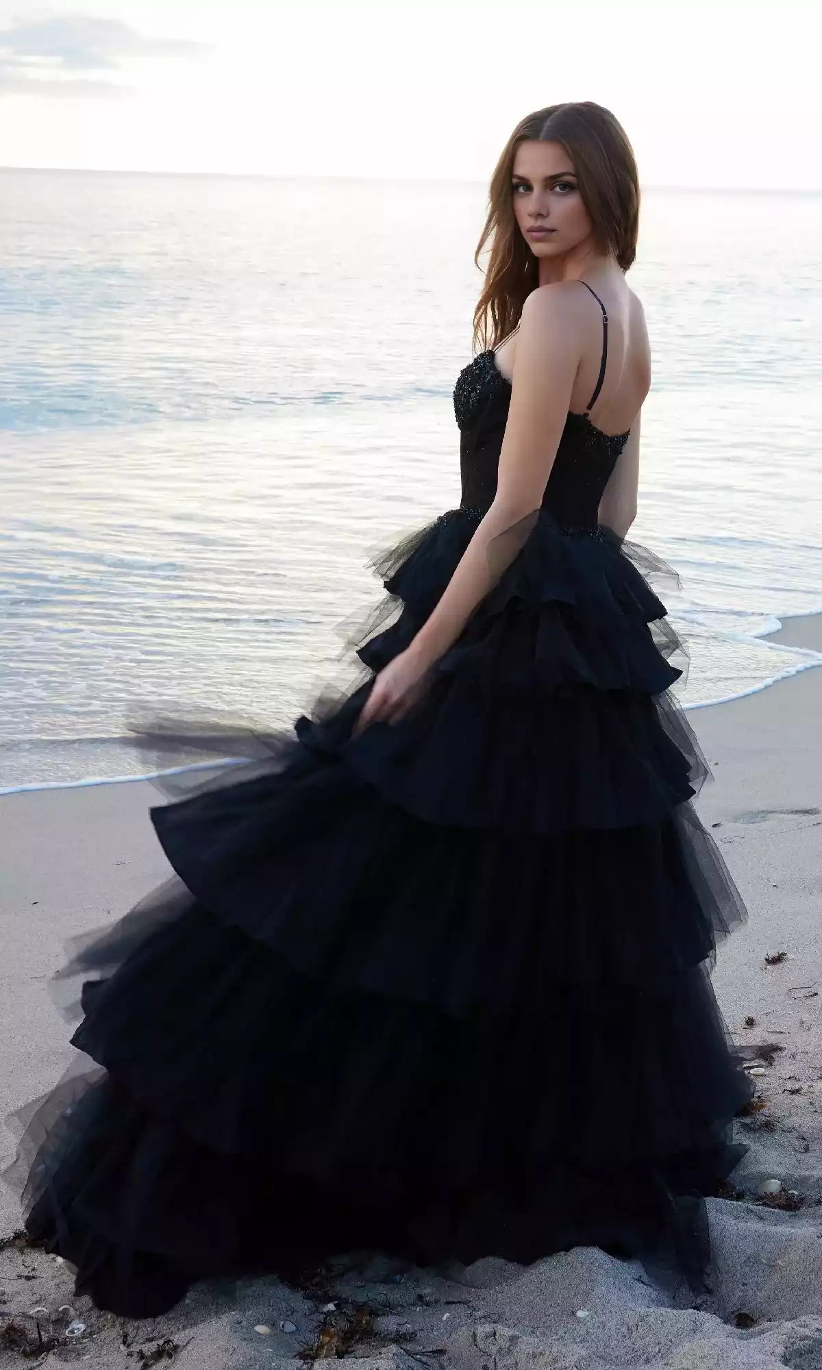 Elegant sequined corset with adjustable thin shoulder straps and multi-layered ruffled edge chiffon Prom Dresses