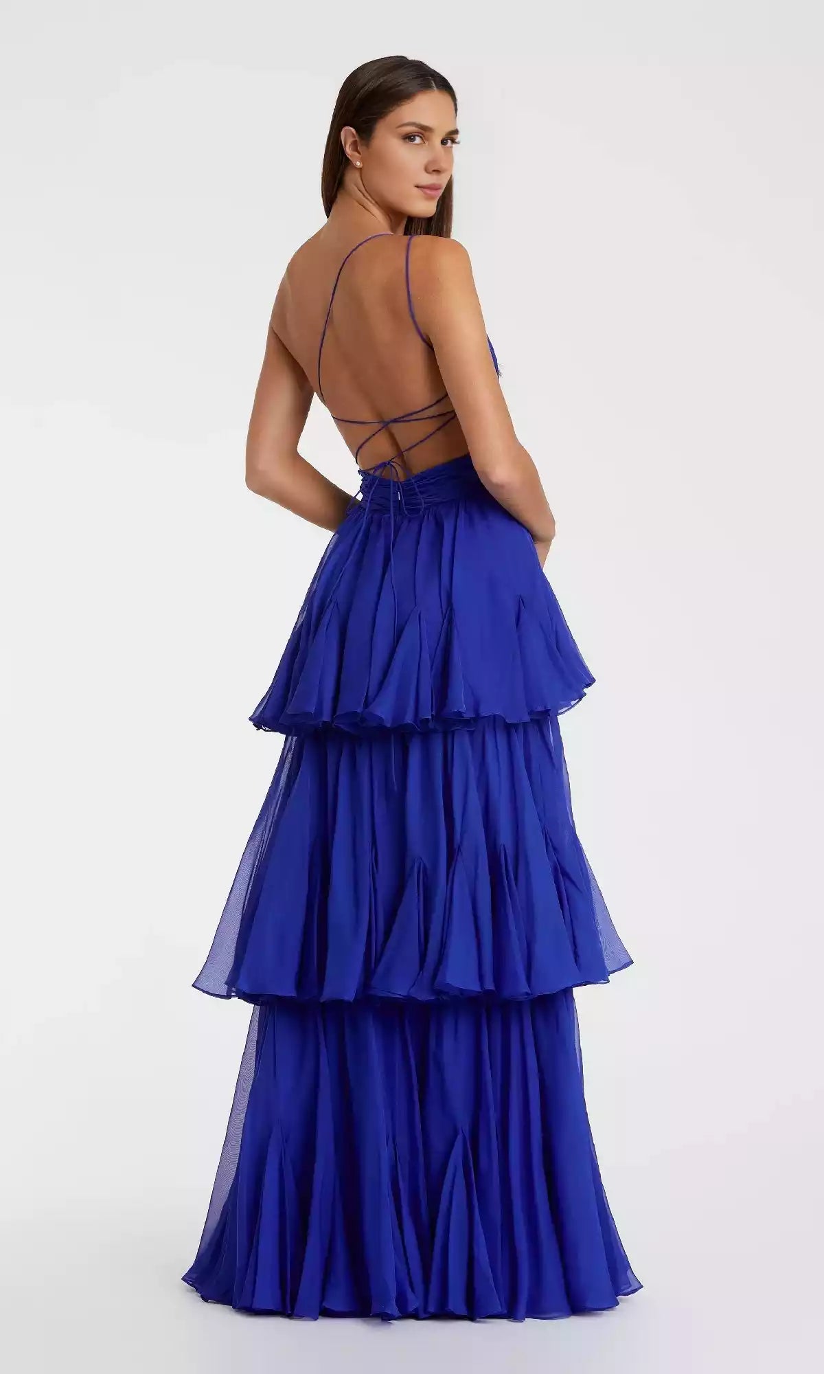 Elegant shoulder lotus leaf edge long asymmetric neckline chiffon pleats side hollow A-line skirt layered ruffle edges Prom Dresses
