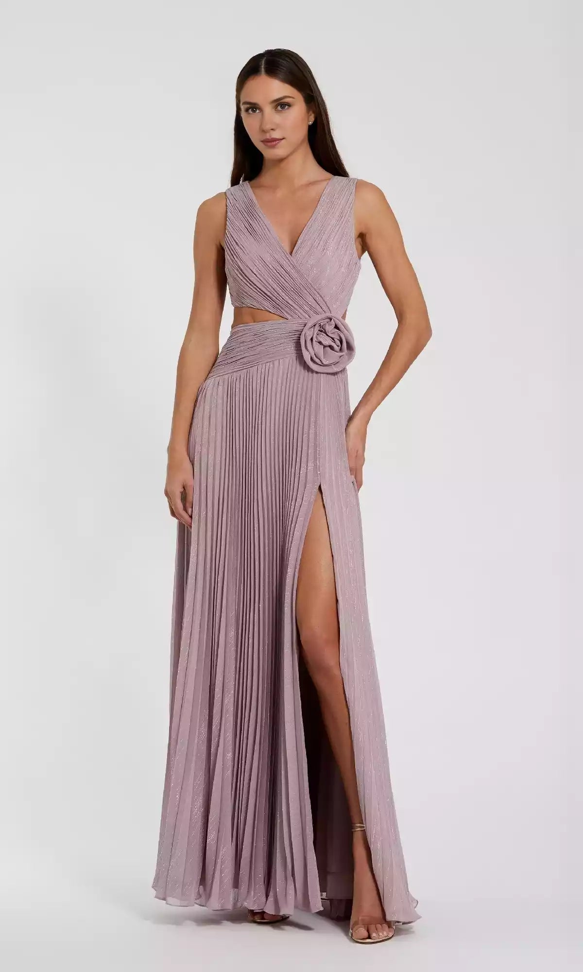 Elegant sleeveless chiffon pleated V-neck with hollowed out rose A-line pleated skirt slit Prom Dresses