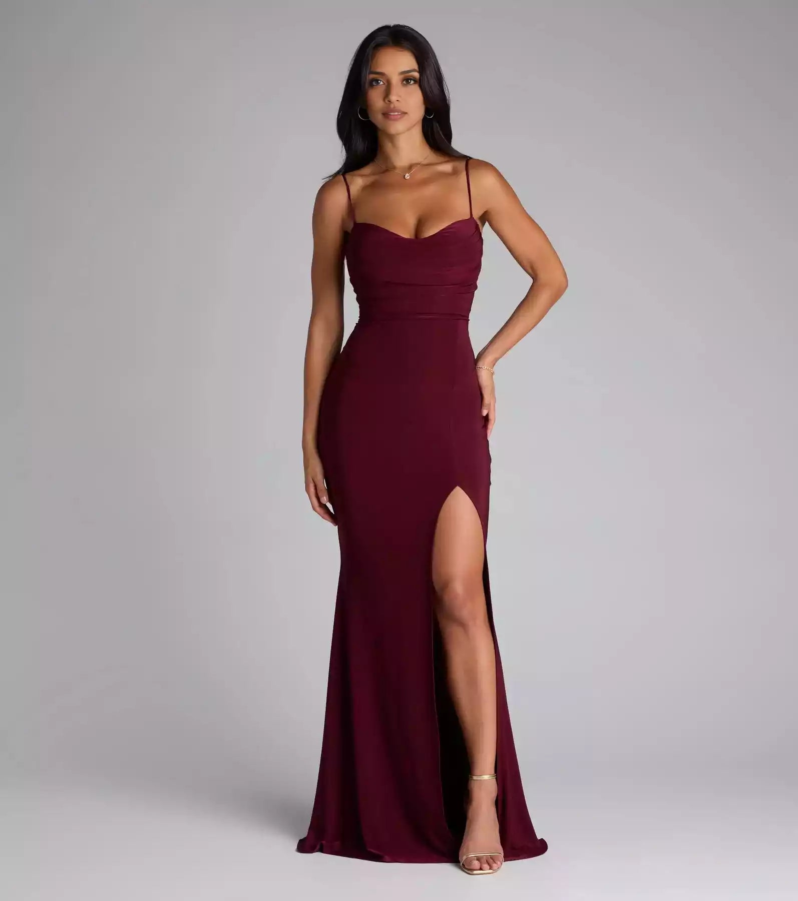 Elegant sleeveless heart-shaped neckline with drooping pleats, thin shoulder straps, mermaid silhouette, high slit front hem, Prom Dresses